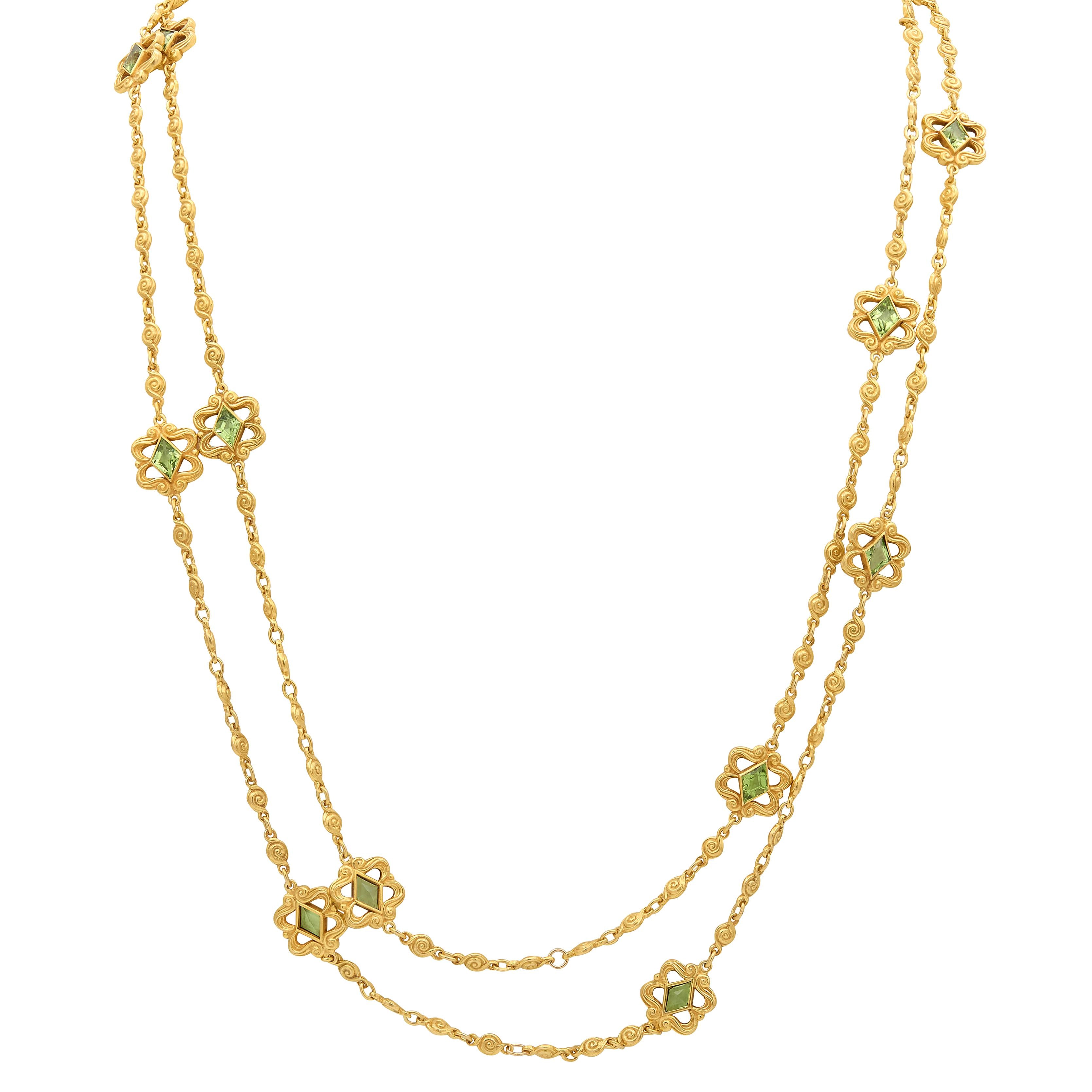 Victorian Peridot 14K Yellow Gold Antique Scroll Fancy Link Fob Chain Necklace