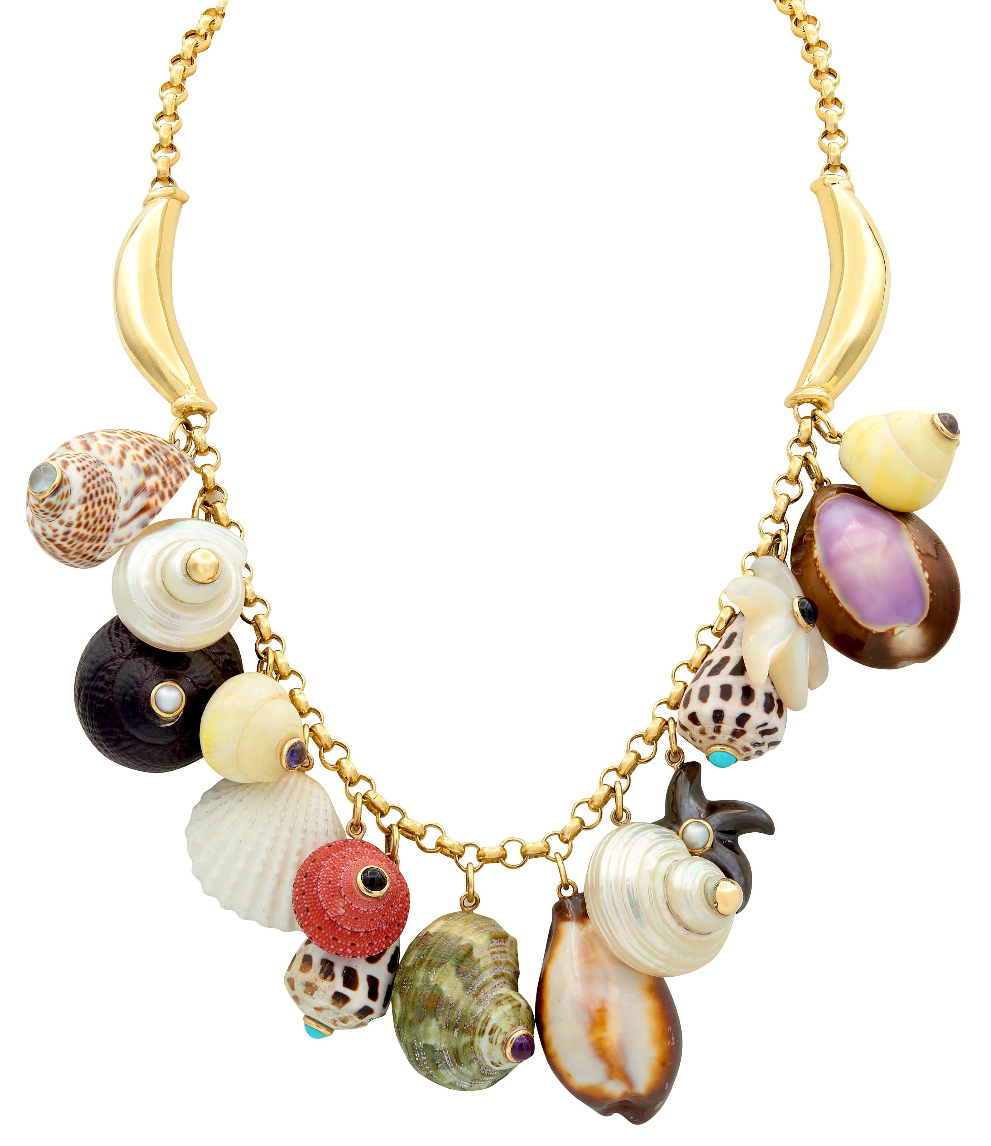 Maz Multi-Gem 14 Karat Yellow Gold Contemporary Seashell Fringe Necklace