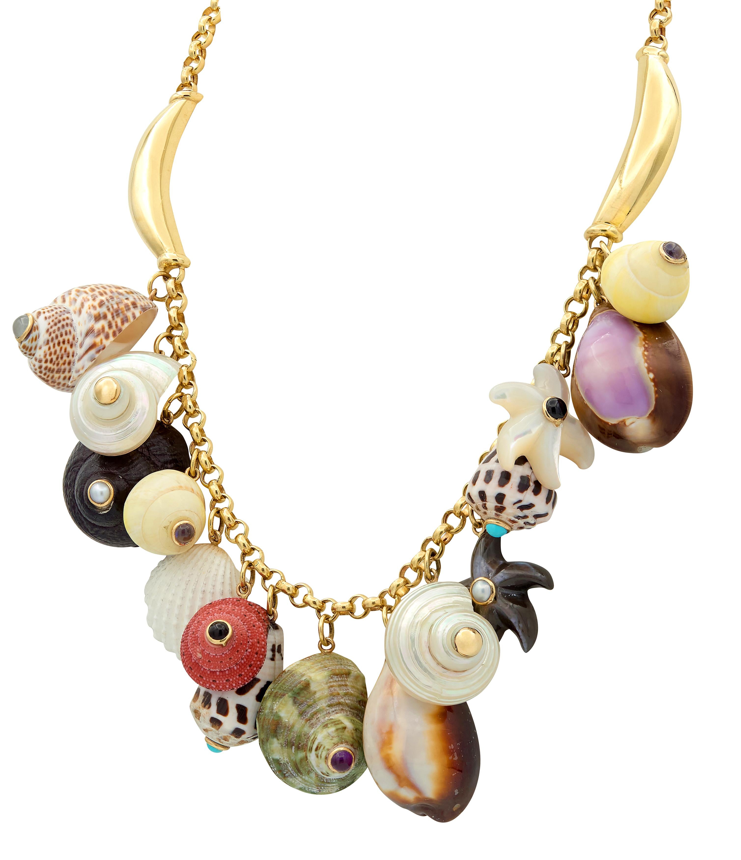Maz Multi-Gem 14 Karat Yellow Gold Contemporary Seashell Fringe Necklace