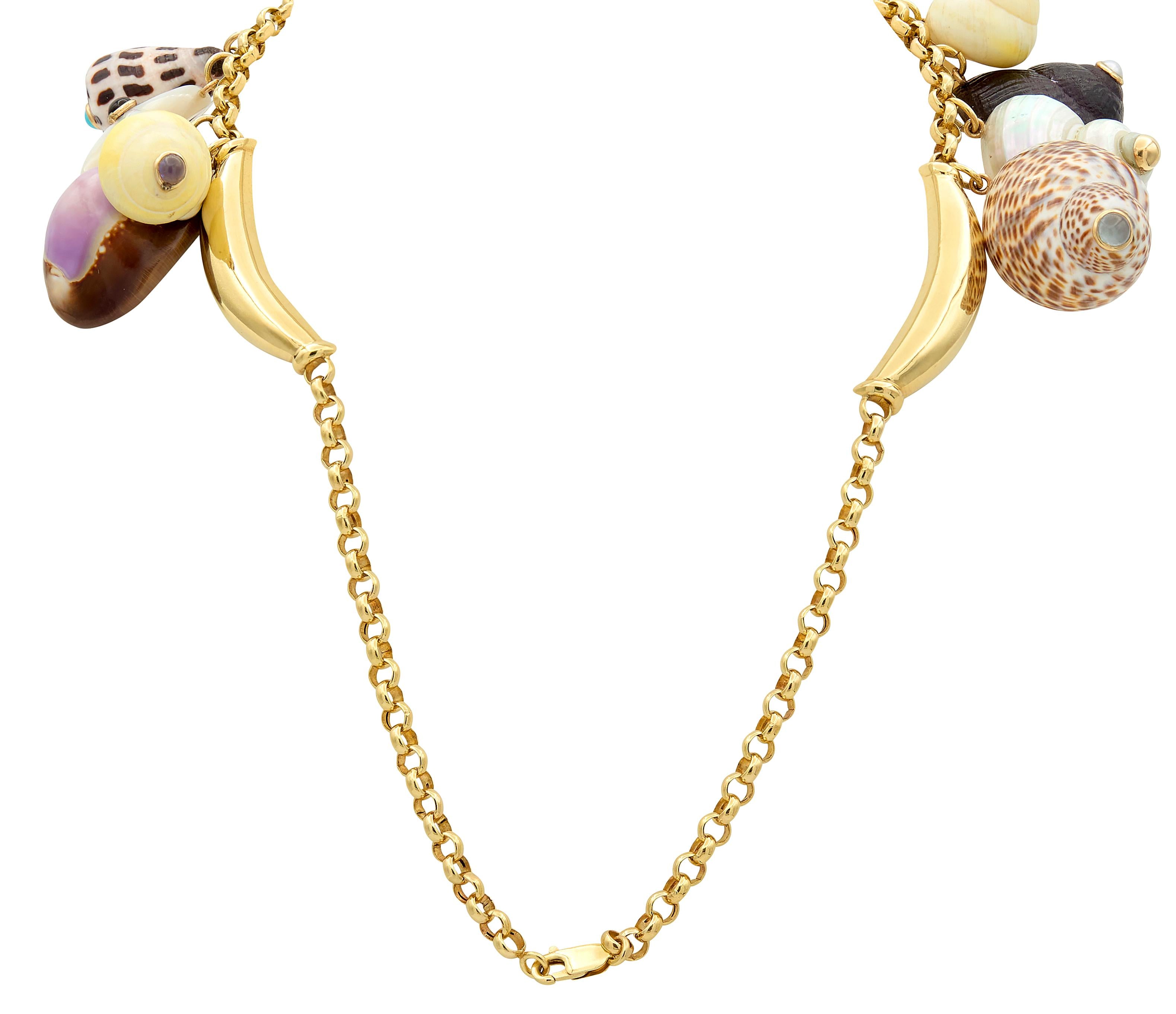 Maz Multi-Gem 14 Karat Yellow Gold Contemporary Seashell Fringe Necklace