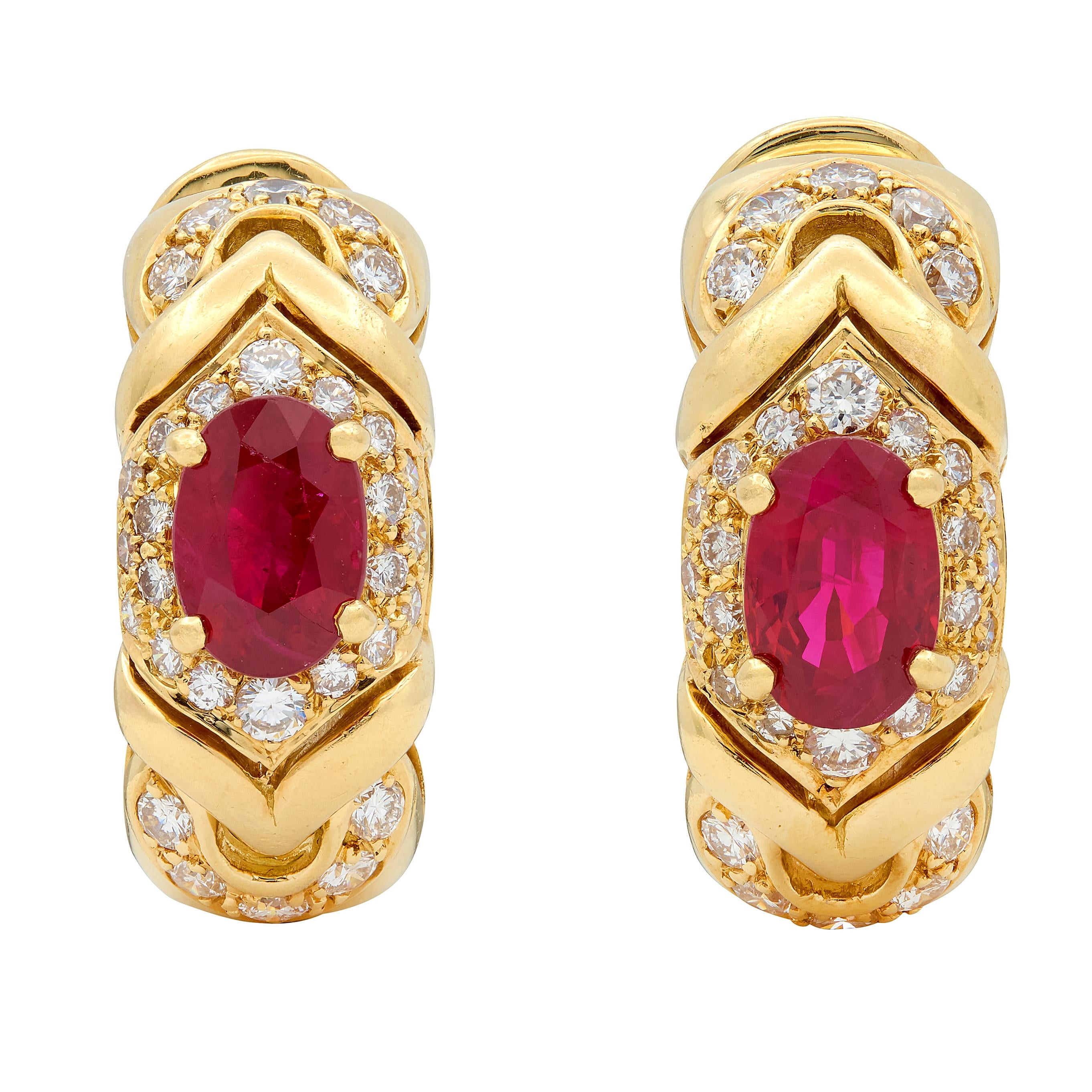 Bulgari 1980's Ruby Diamond 18K Gold Vintage Trika J-Hoop Ear-Clip Earrings