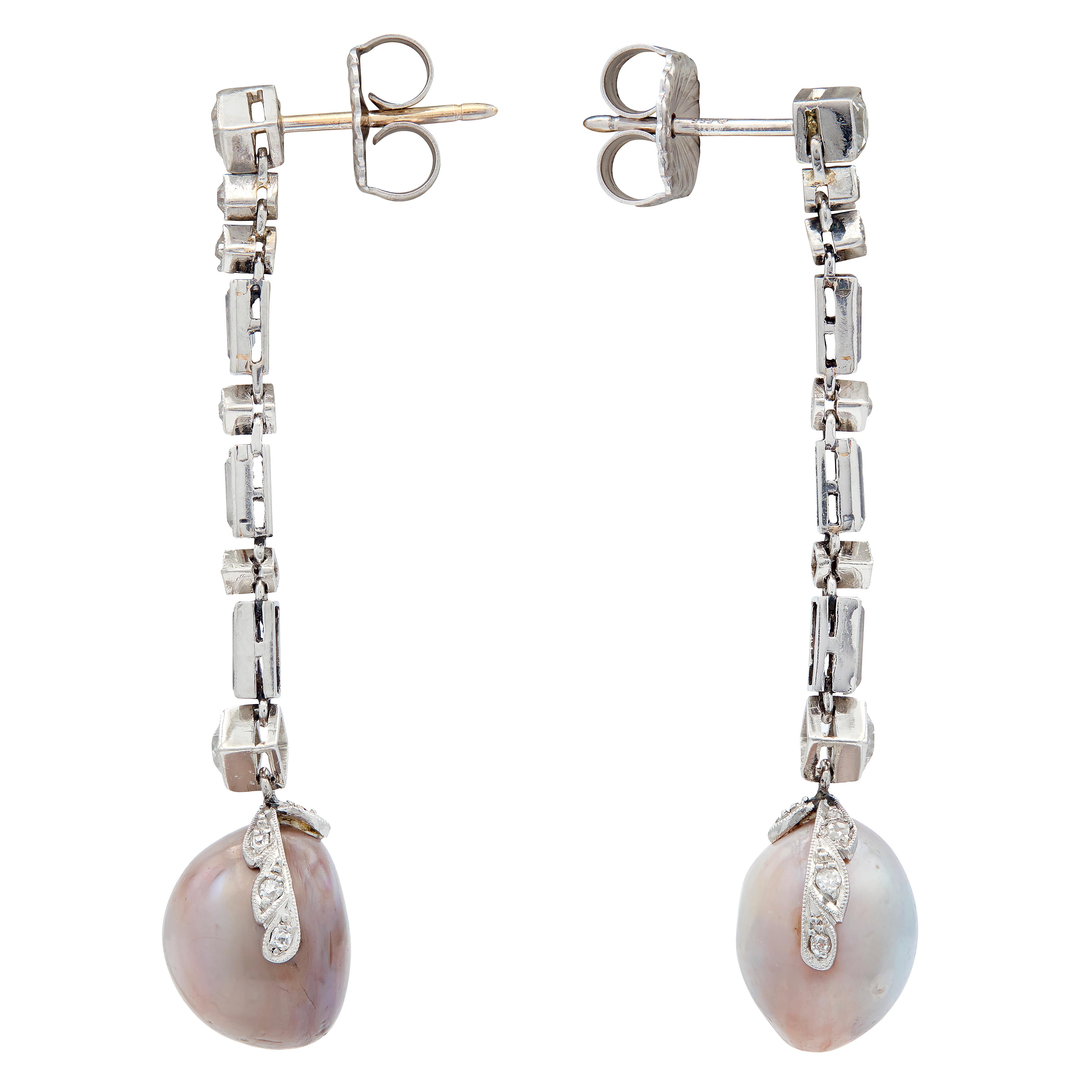 Art Deco Diamond Natural Saltwater Pearl Platinum Antique Drop Earrings GIA