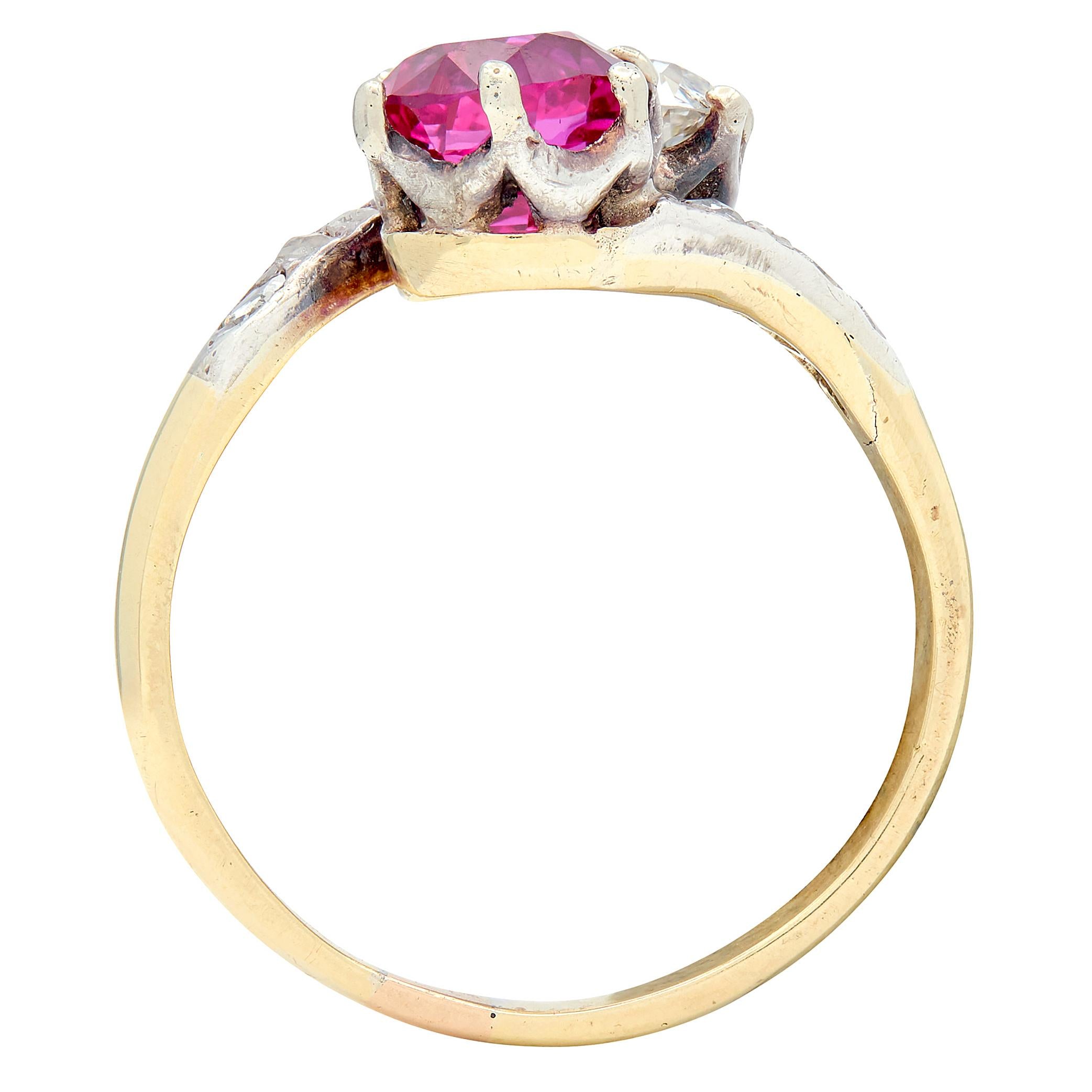 Victorian No Heat Burma Sapphire Diamond 14K Gold Silver Antique Toi-Et-Moi Ring