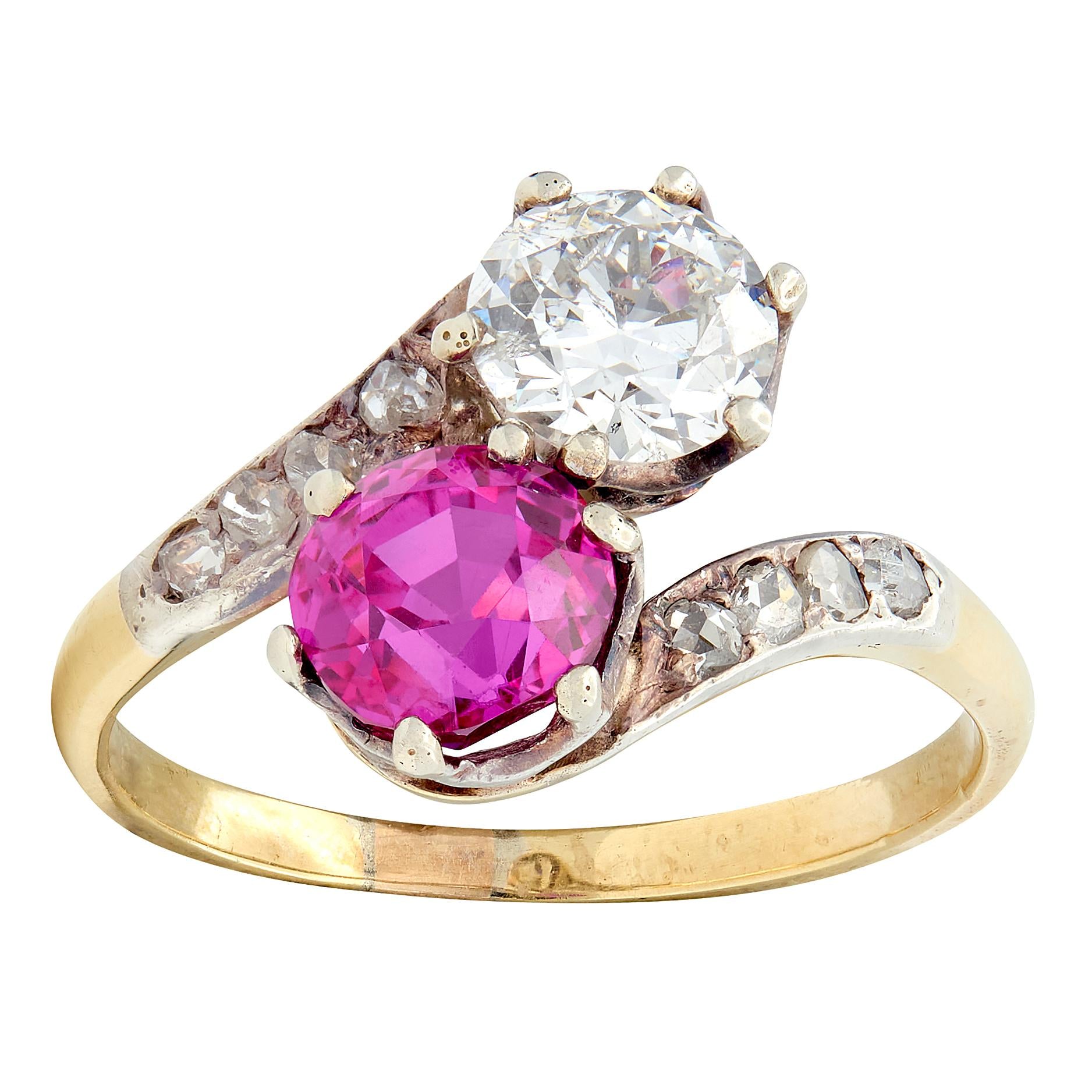 Victorian No Heat Burma Sapphire Diamond 14K Gold Silver Antique Toi-Et-Moi Ring