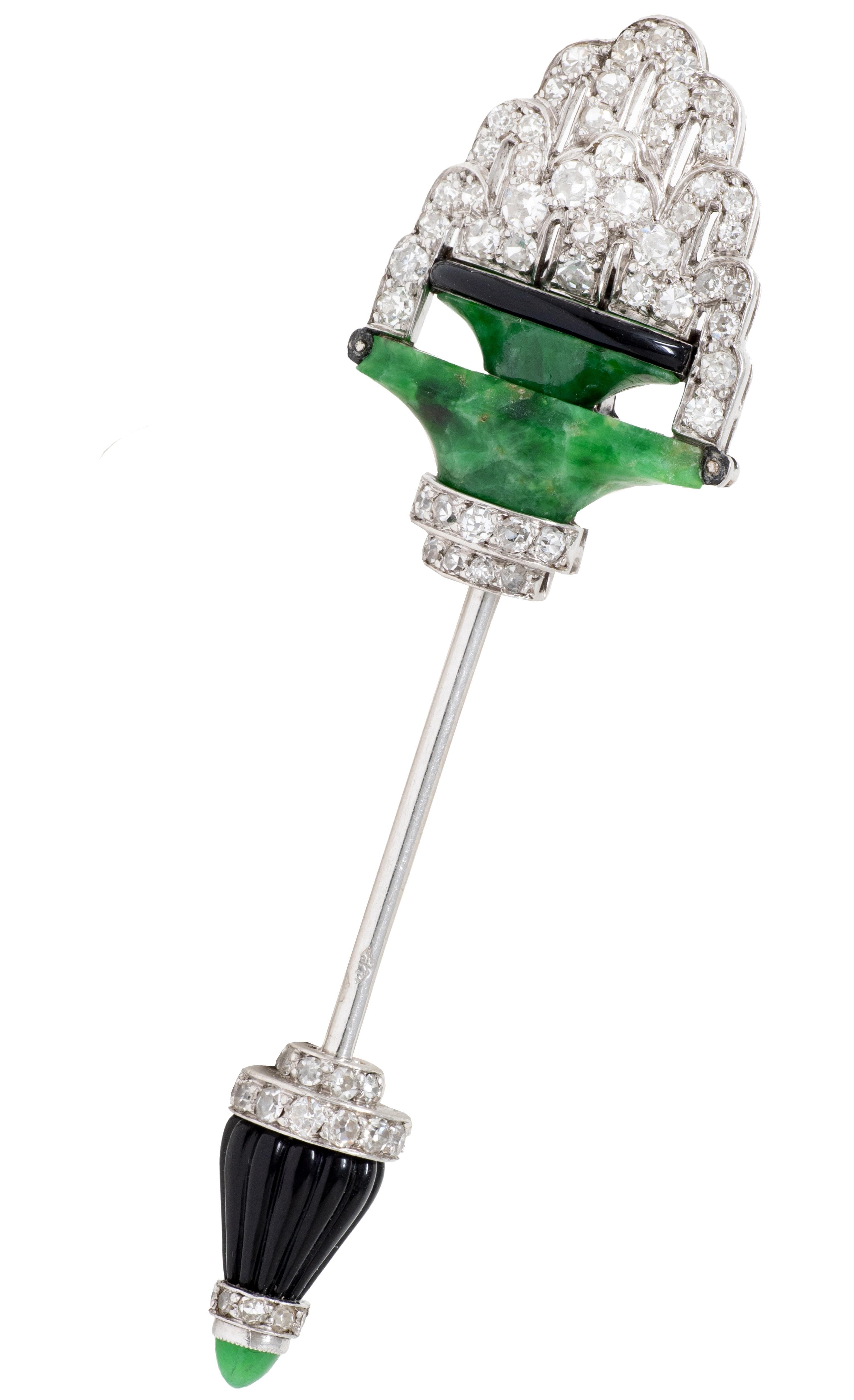 Cartier French Art Deco Diamond Jade Onyx Platinum Vintage Fountain Jabot Brooch