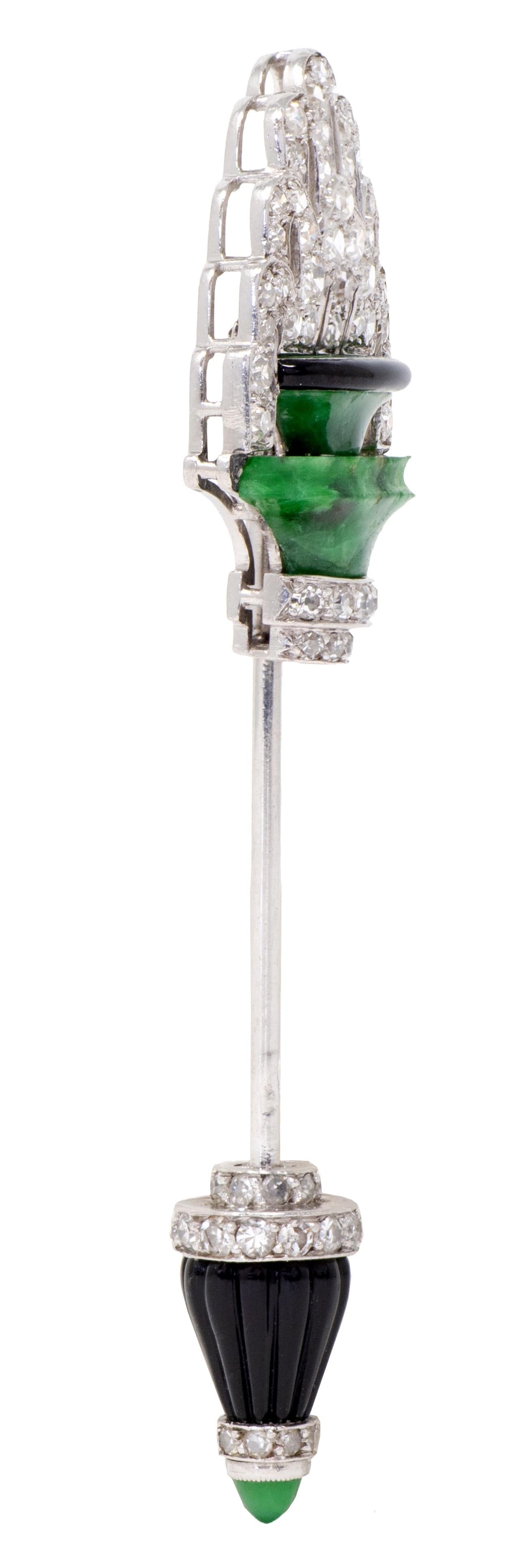 Cartier French Art Deco Diamond Jade Onyx Platinum Vintage Fountain Jabot Brooch
