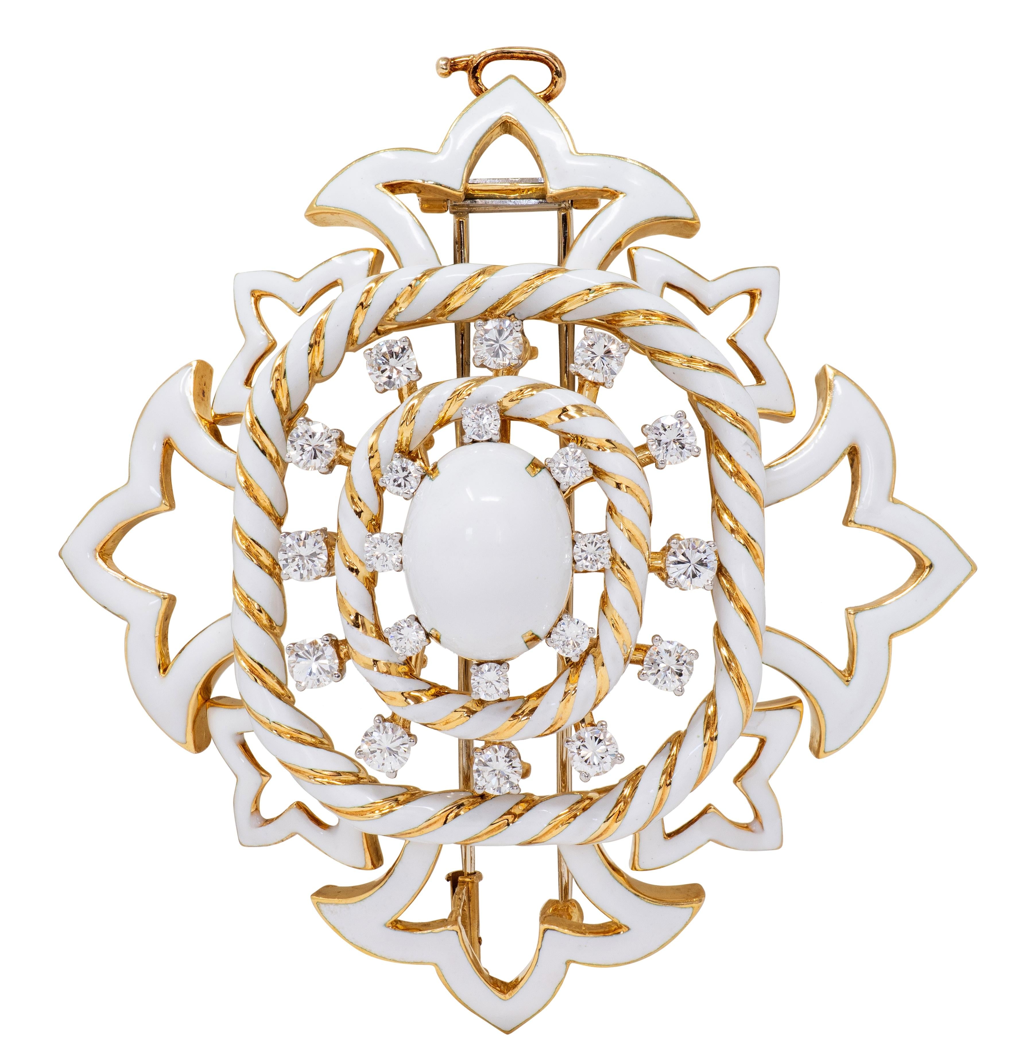 David Webb 1980's Diamond Enamel 18K Gold Platinum Vintage Cross Pendant Brooch