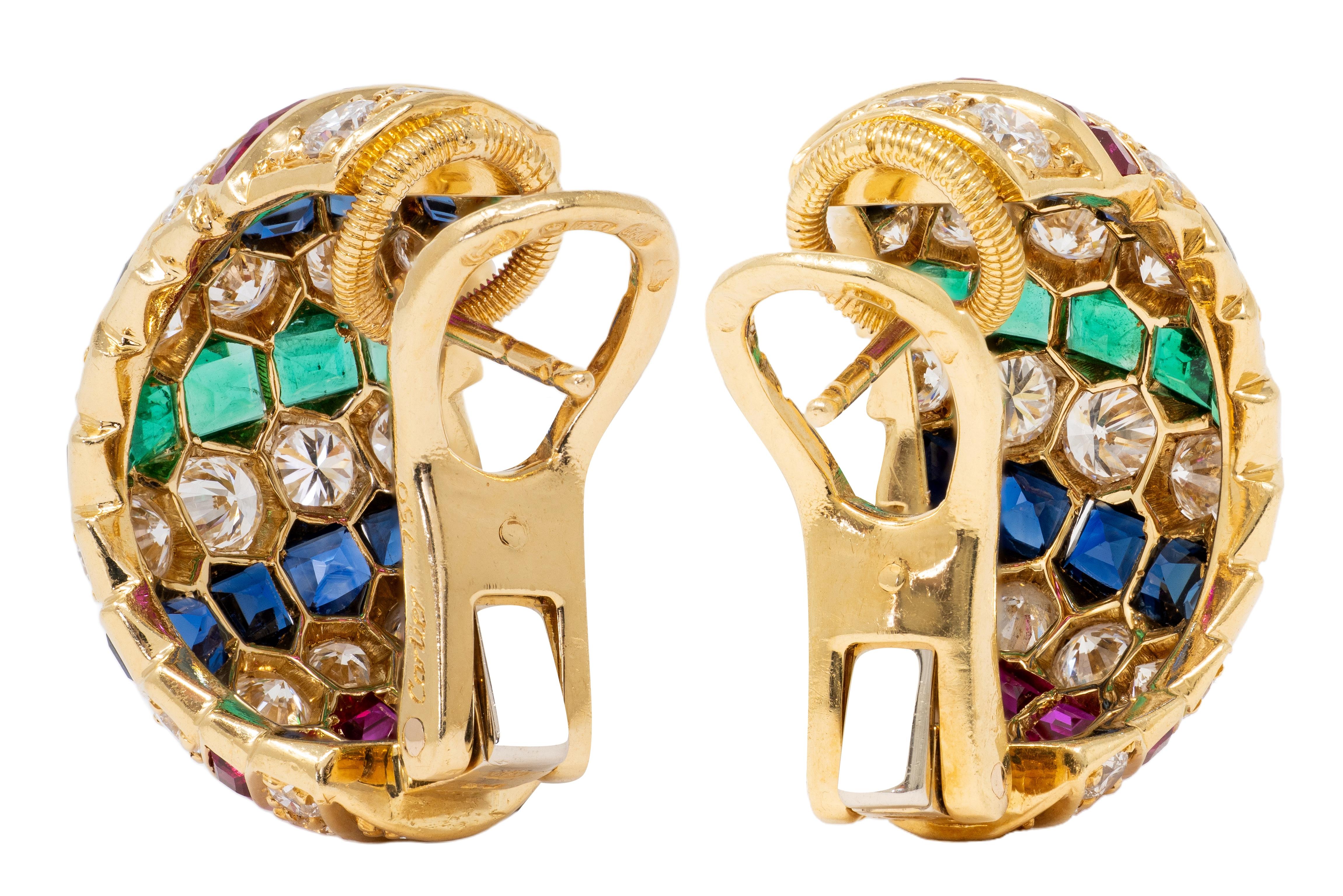 Cartier 1980's Diamond Multi-Gem 18K Gold Vintage Domed Turban Earrings