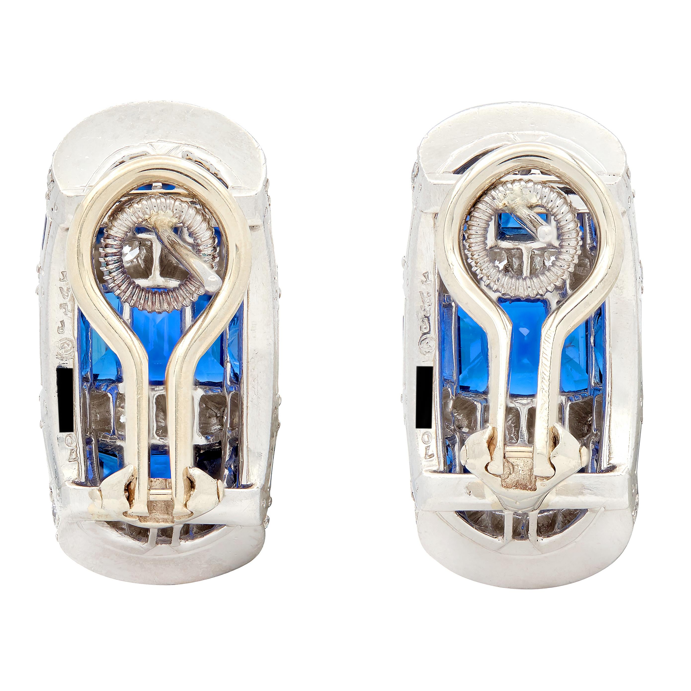 Oscar Heyman 1980's Diamond Sapphire Platinum Vintage J-Hoop Earrings