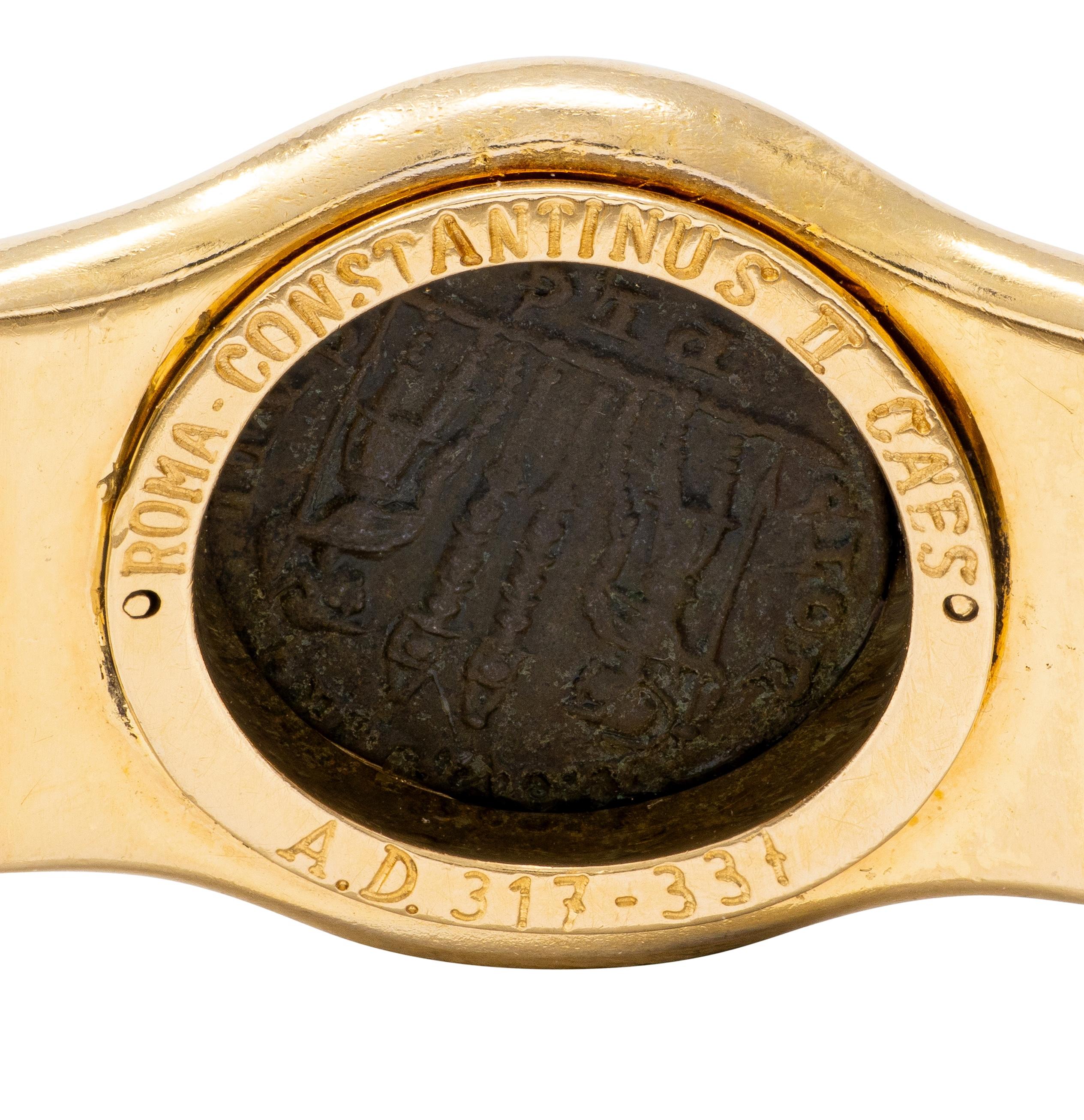 Bulgari 1980's Ancient Roman Coin 18K Gold Steel Vintage Monete Cuff Bracelet