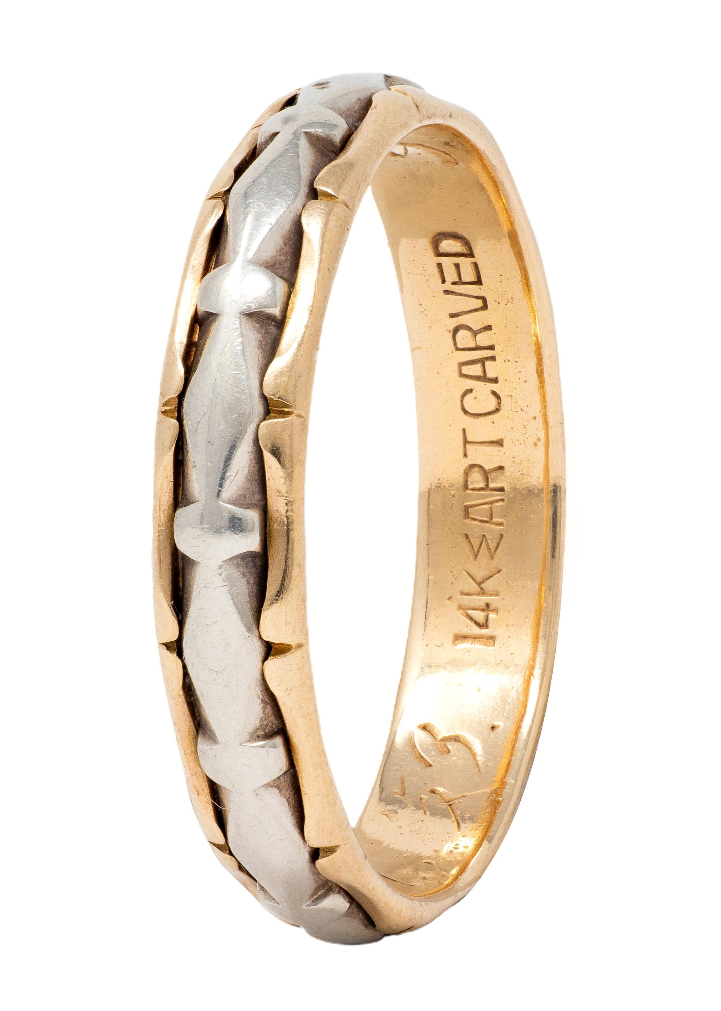 J.R. Woods & Sons 1953 14 Karat Two-Tone Gold Vintage Grooved Wedding Band Ring