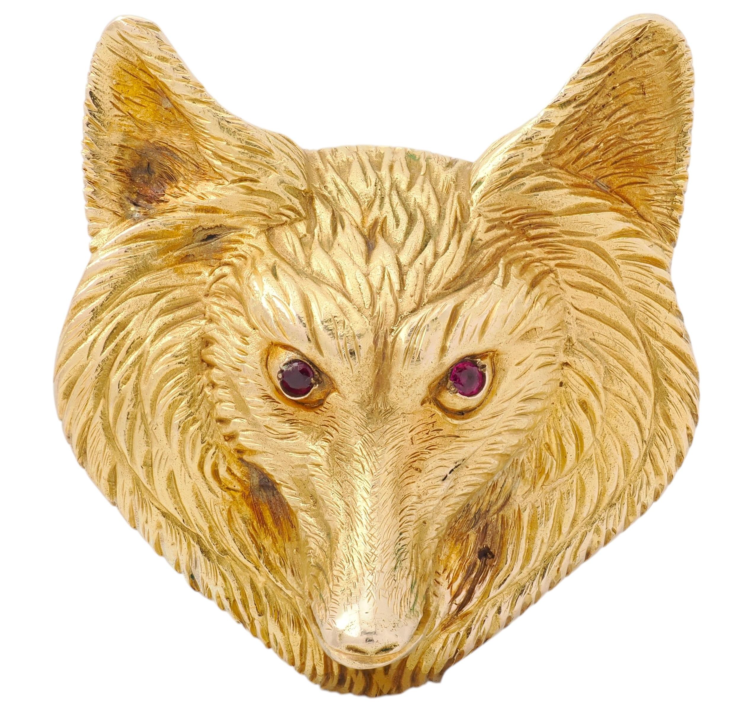J. E. Caldwell Art Nouveau Ruby 14 Karat Yellow Gold Antique Wolf Head Brooch