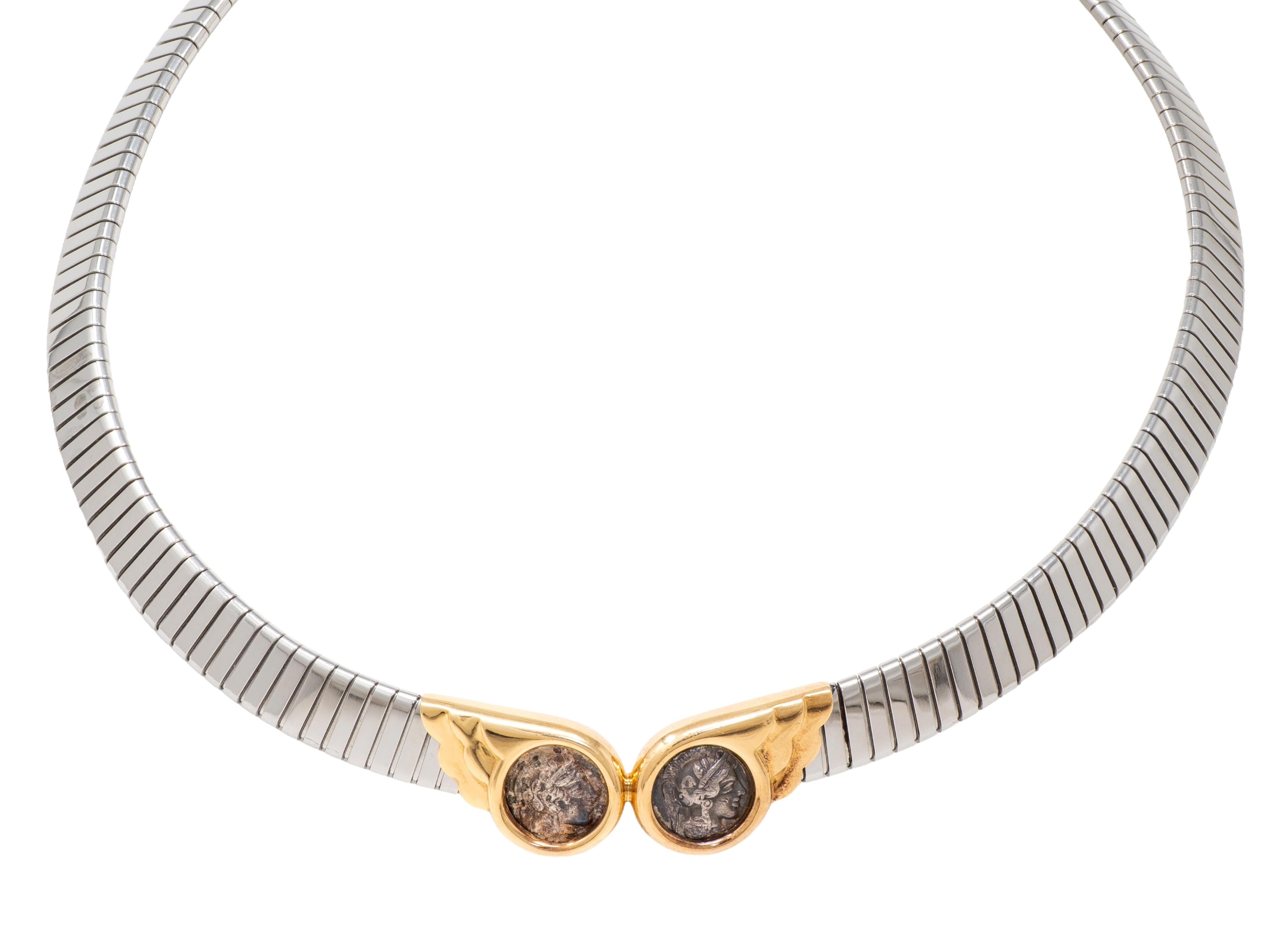 Bulgari 1980's Ancient Coin 18K Gold Stainless Steel Vintage Monete Necklace