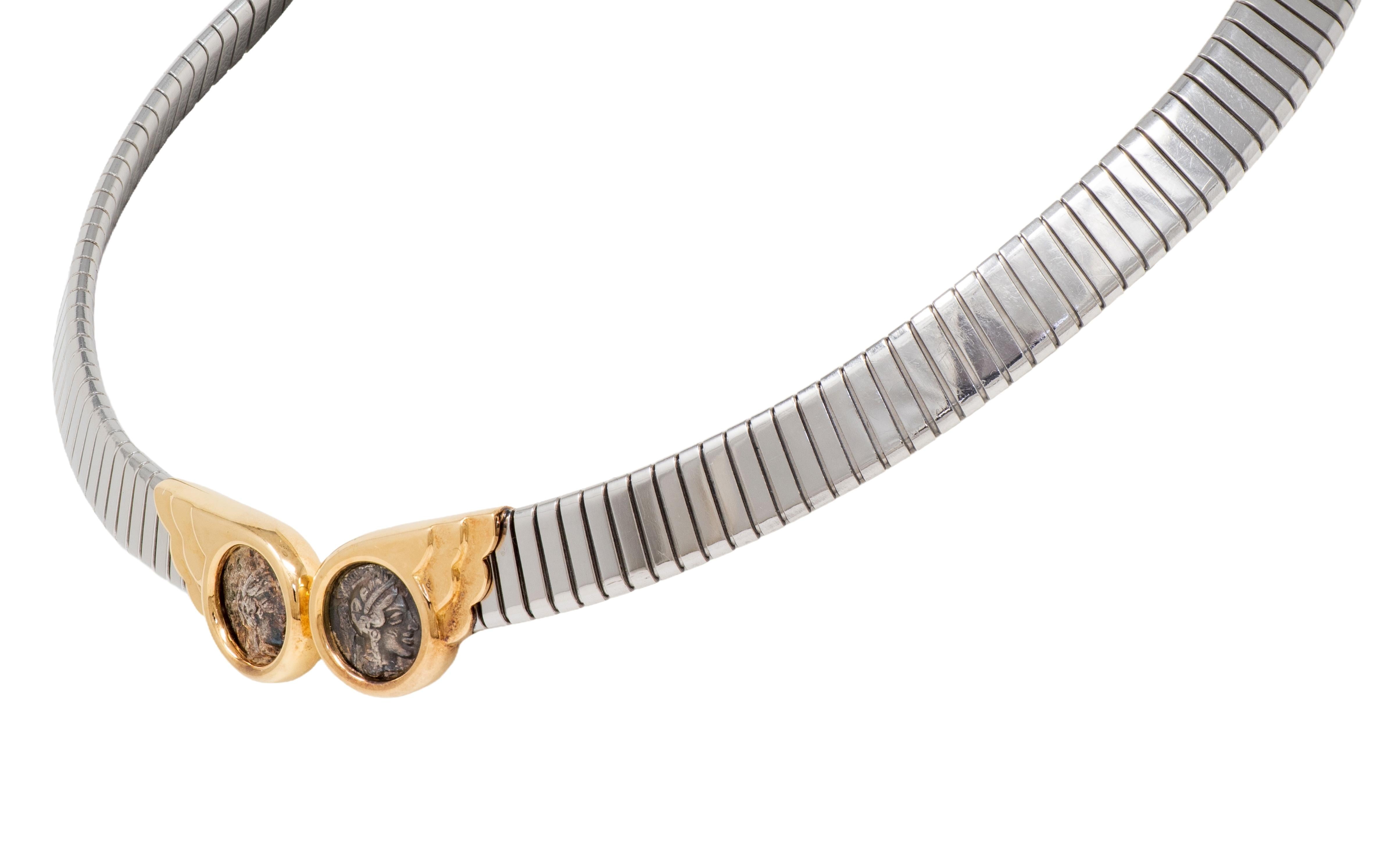 Bulgari 1980's Ancient Coin 18K Gold Stainless Steel Vintage Monete Necklace