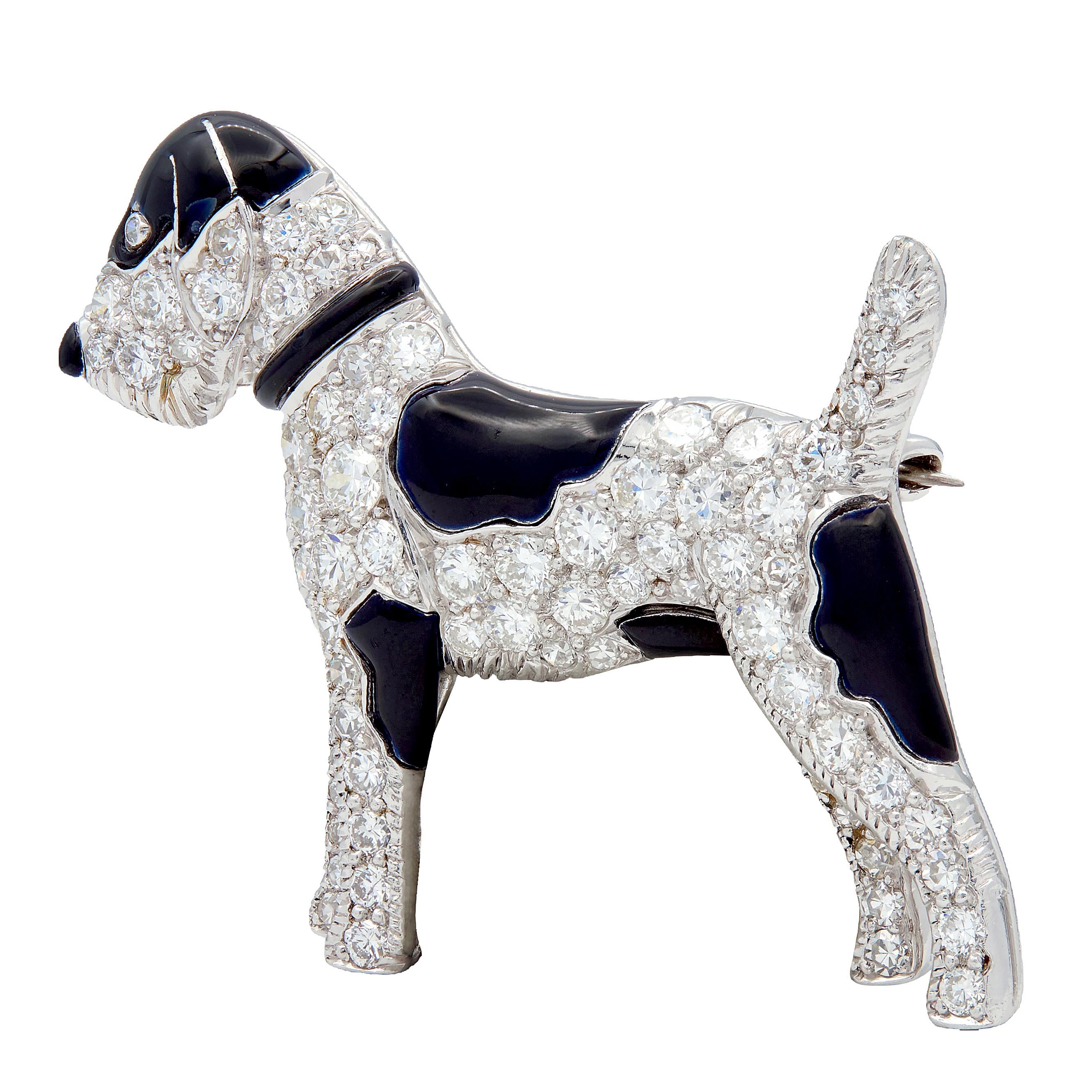 Art Deco Diamond Enamel Platinum Vintage Schnauzer Dog Brooch