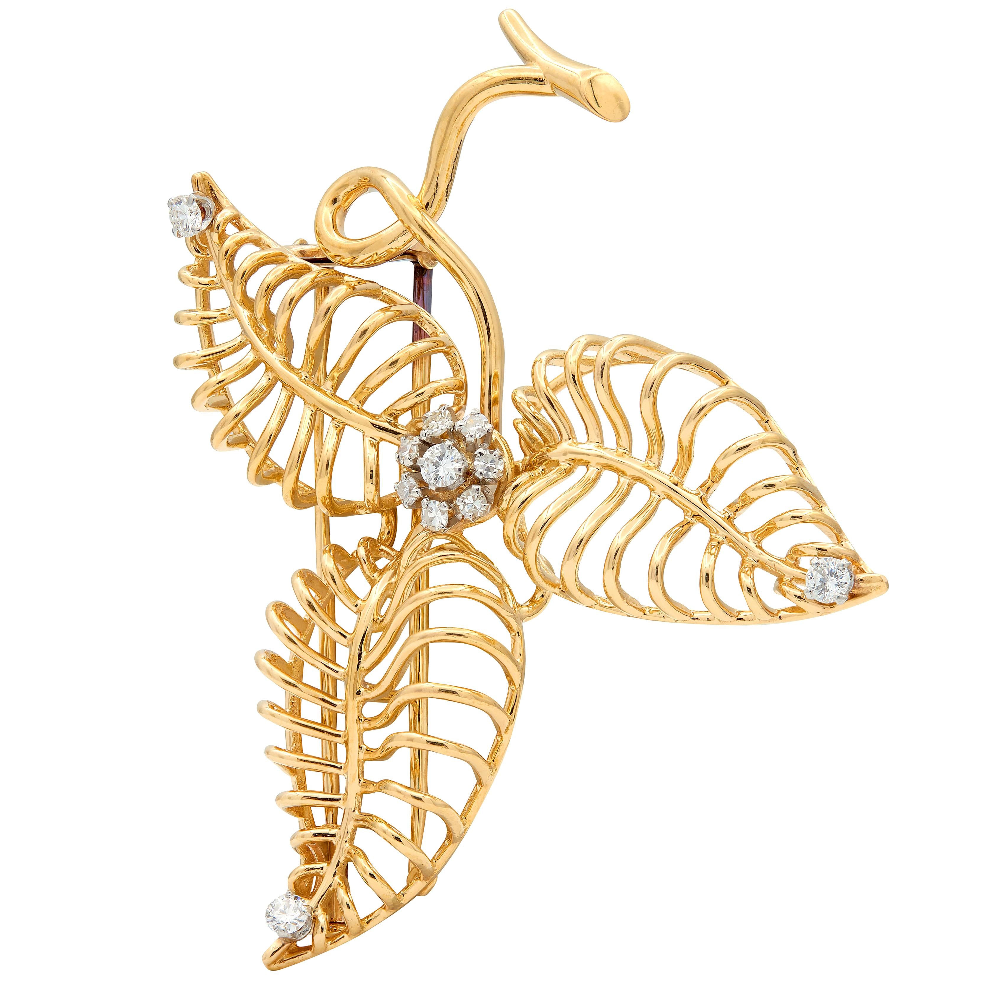 Boucheron Paris 1950's Diamond 18K Gold Platinum Vintage Wire Flower Brooch
