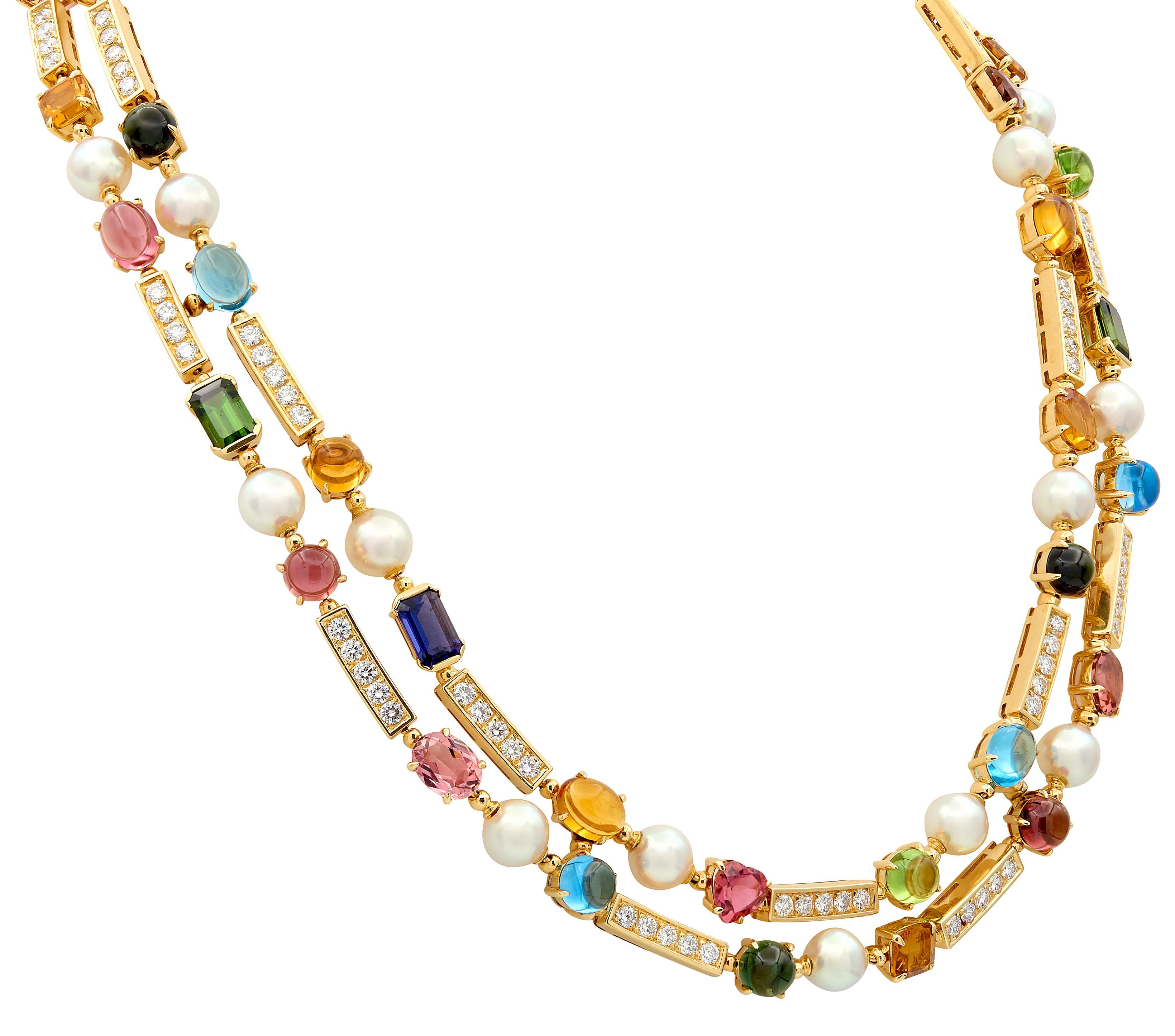Bulgari 2000's Pearl Multi-Gem Diamond 18K Gold Contemporary Allegra Necklace