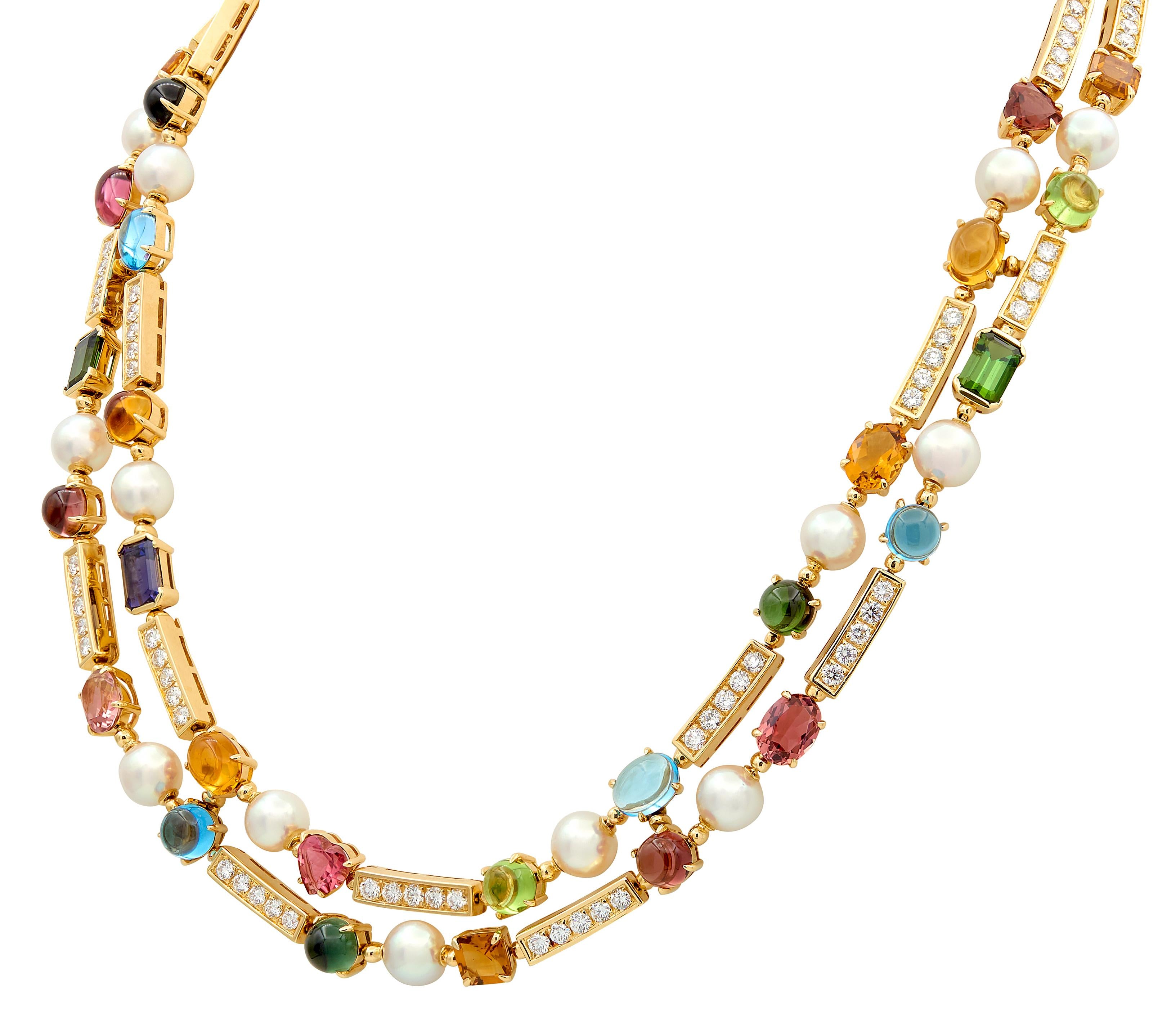 Bulgari 2000's Pearl Multi-Gem Diamond 18K Gold Contemporary Allegra Necklace