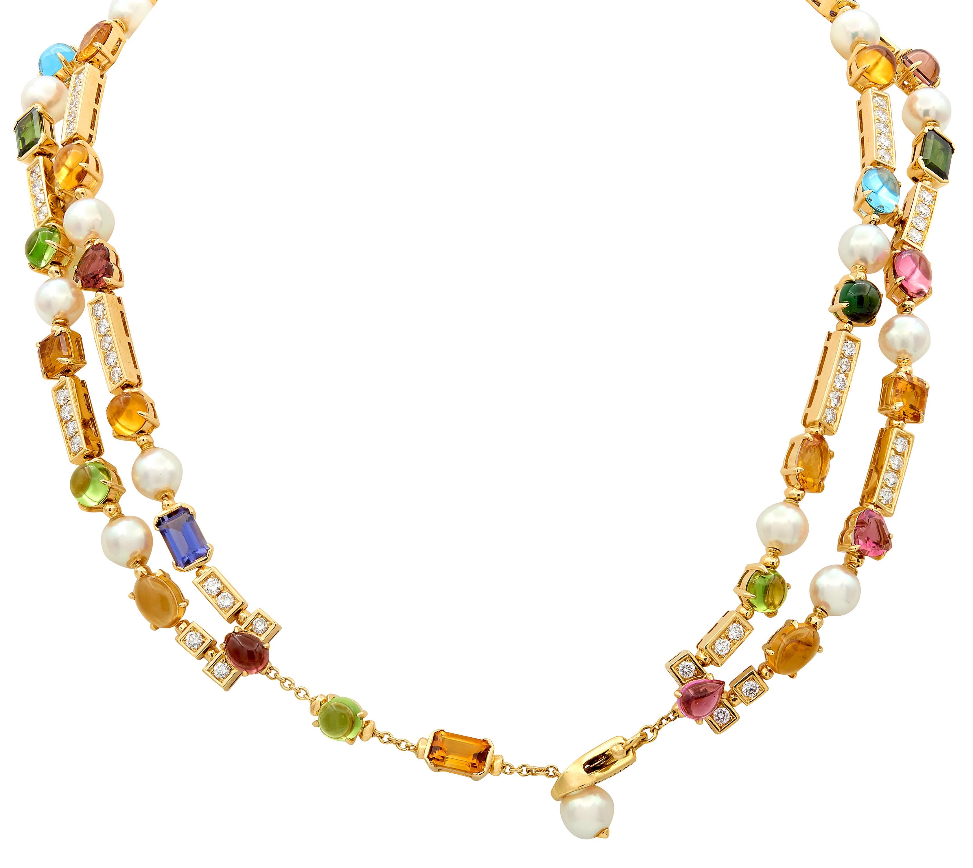 Bulgari 2000's Pearl Multi-Gem Diamond 18K Gold Contemporary Allegra Necklace