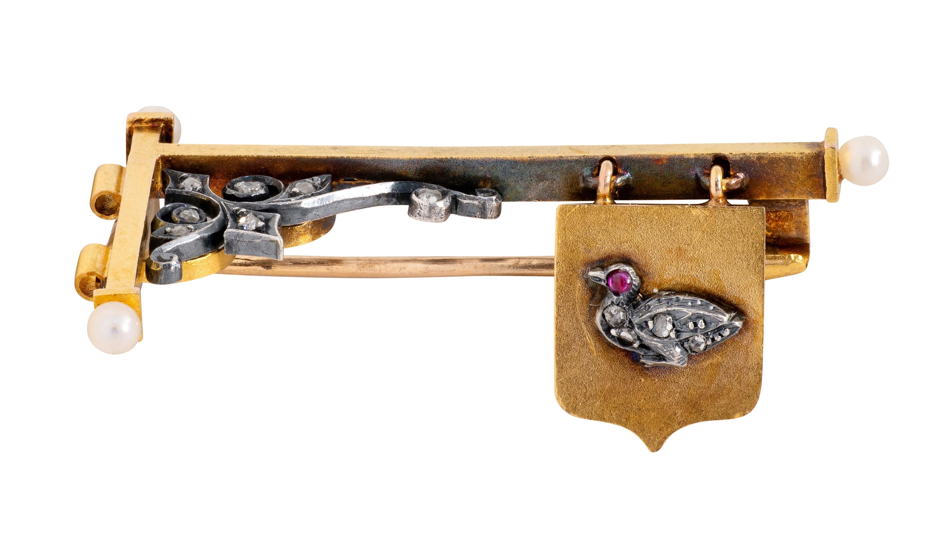 Victorian Ruby Diamond 18 Karat Gold Sterling Silver Antique Bird Sign Brooch