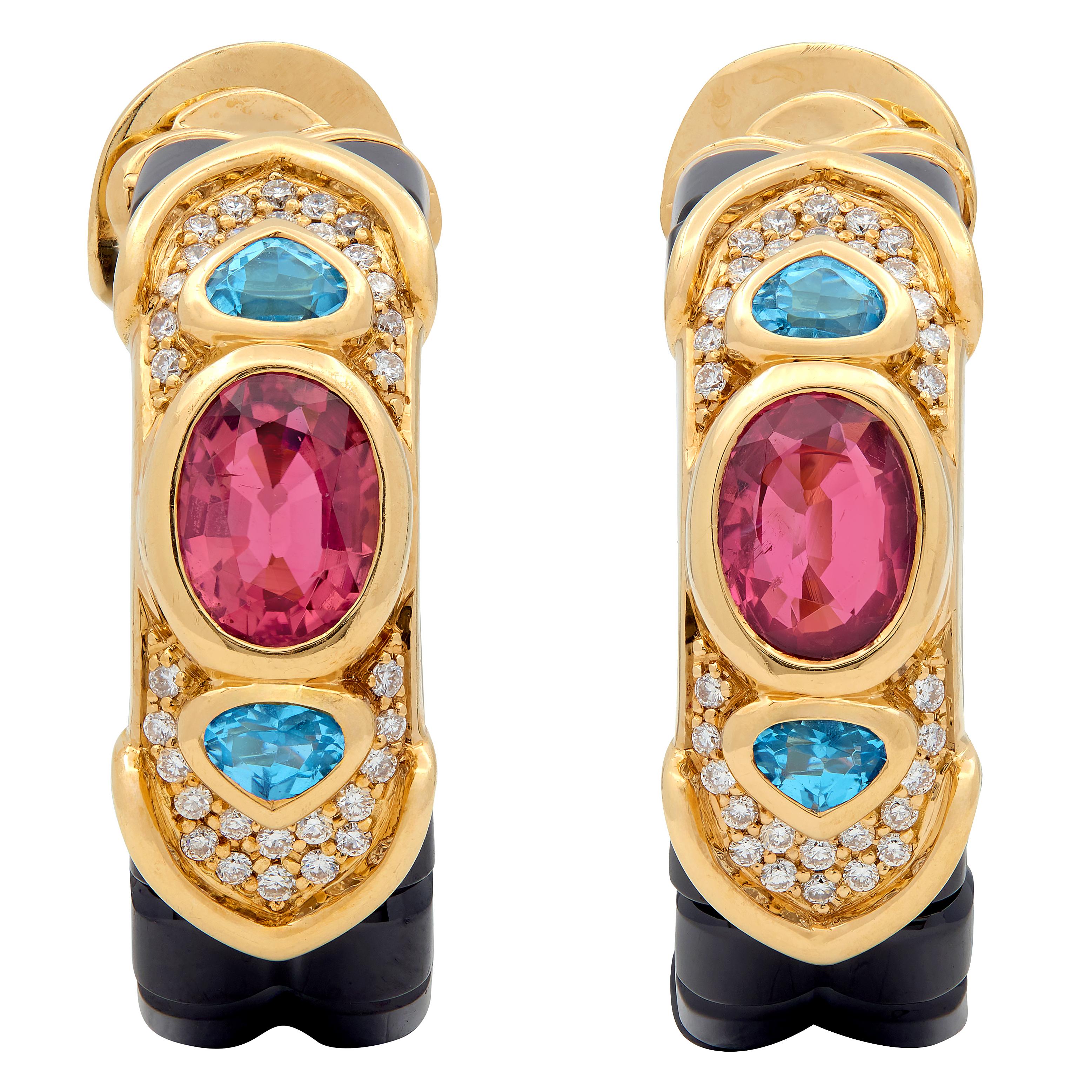 Marina B. 1980's Diamond Multi-Gem 18 Karat Yellow Gold Vintage Hoop Earrings