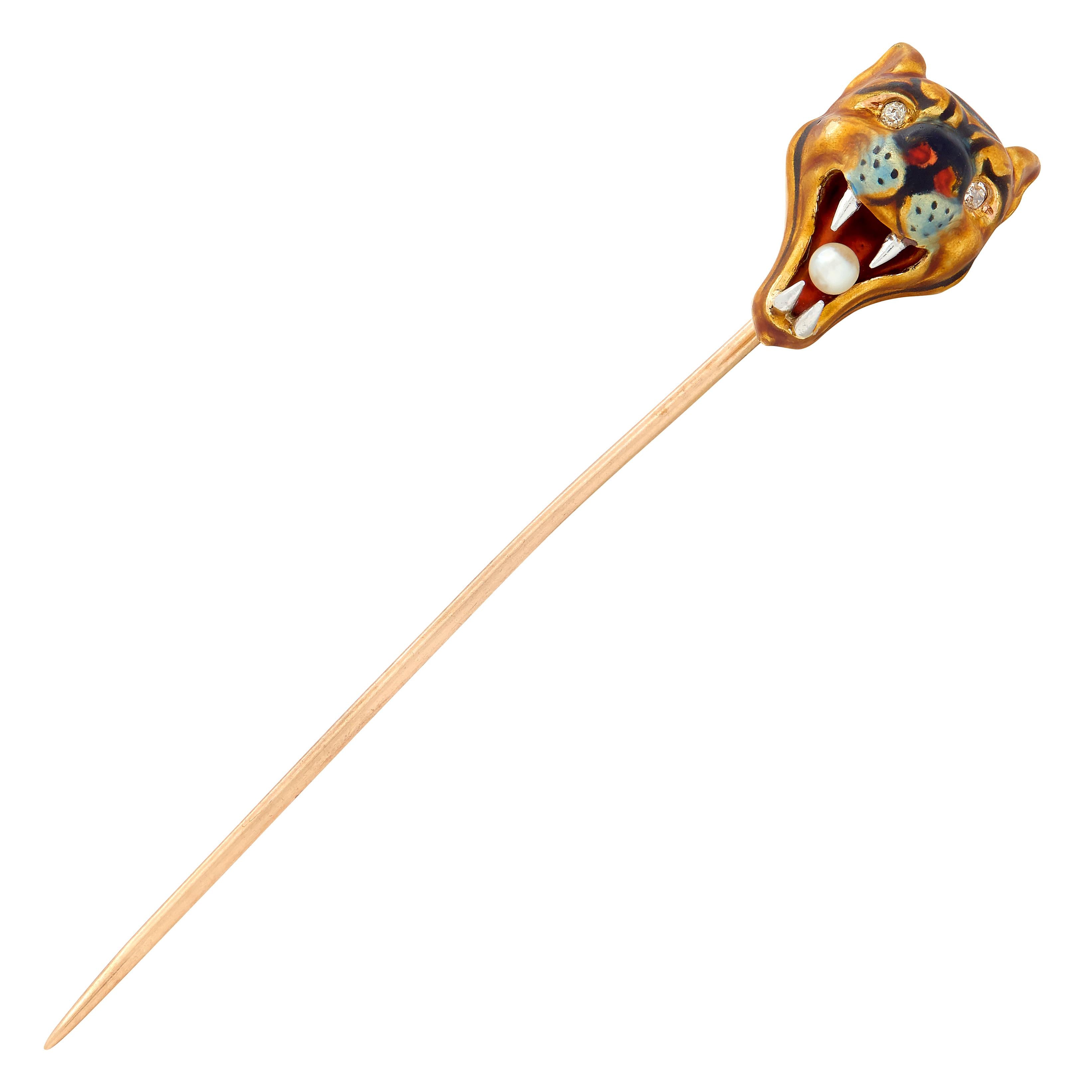 Edwardian Enamel Diamond Pearl 14K Rose Gold Platinum Antique Tiger Stickpin