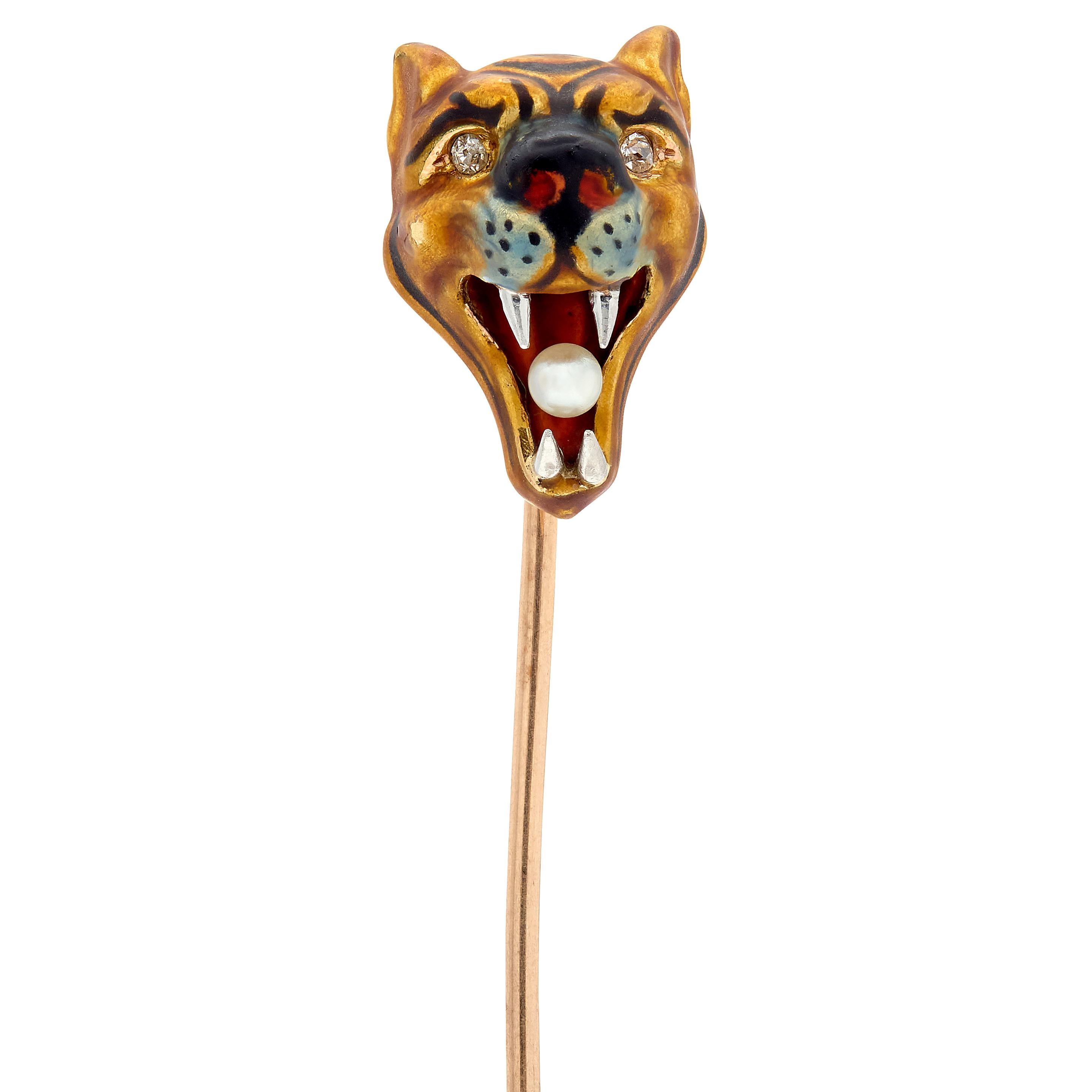 Edwardian Enamel Diamond Pearl 14K Rose Gold Platinum Antique Tiger Stickpin