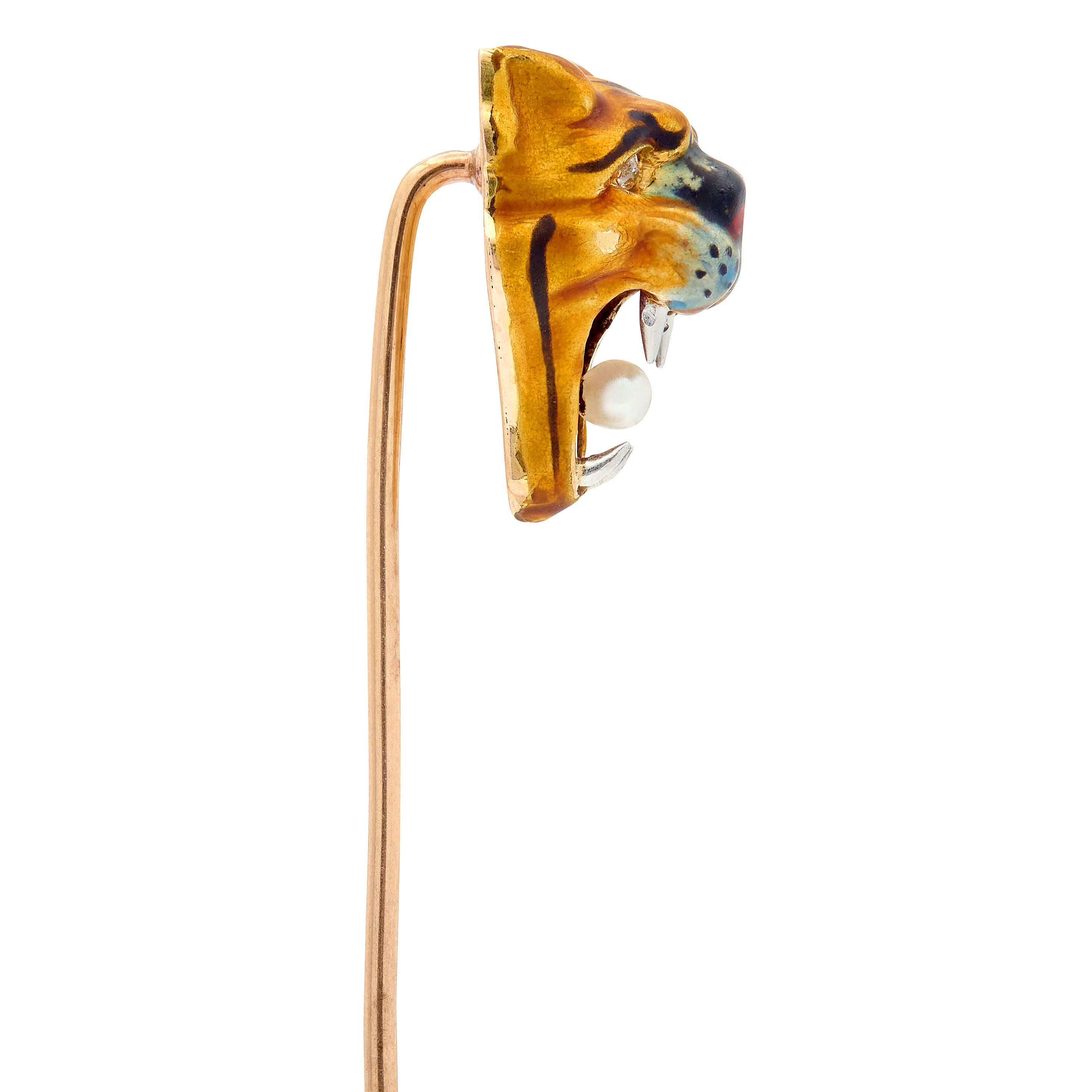 Edwardian Enamel Diamond Pearl 14K Rose Gold Platinum Antique Tiger Stickpin