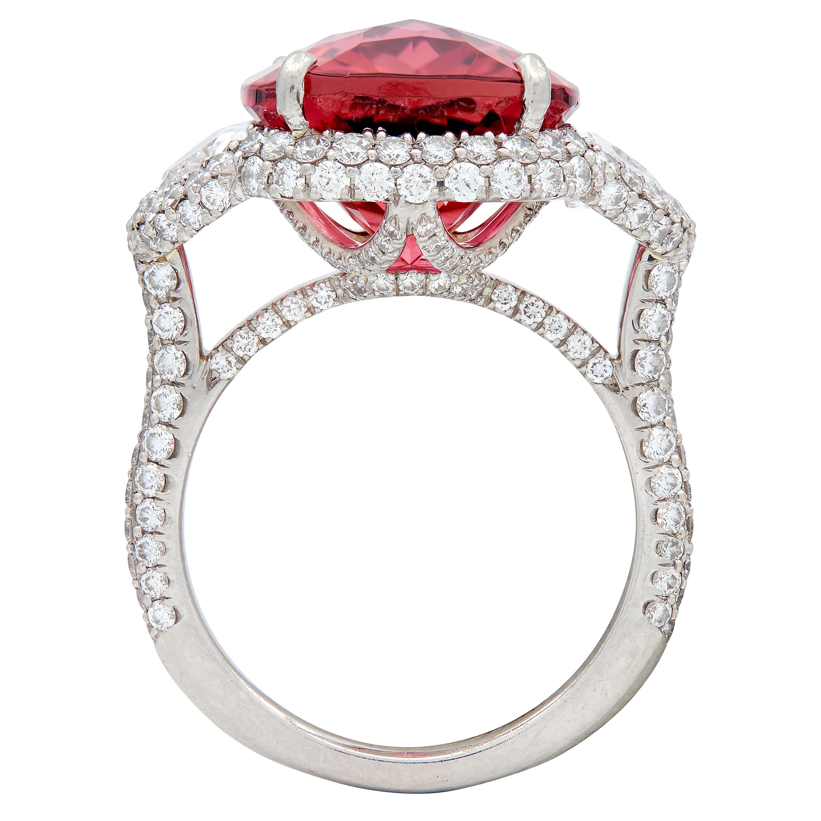 Diamond Rubellite Tourmaline Platinum Contemporary Three Stone Halo Ring