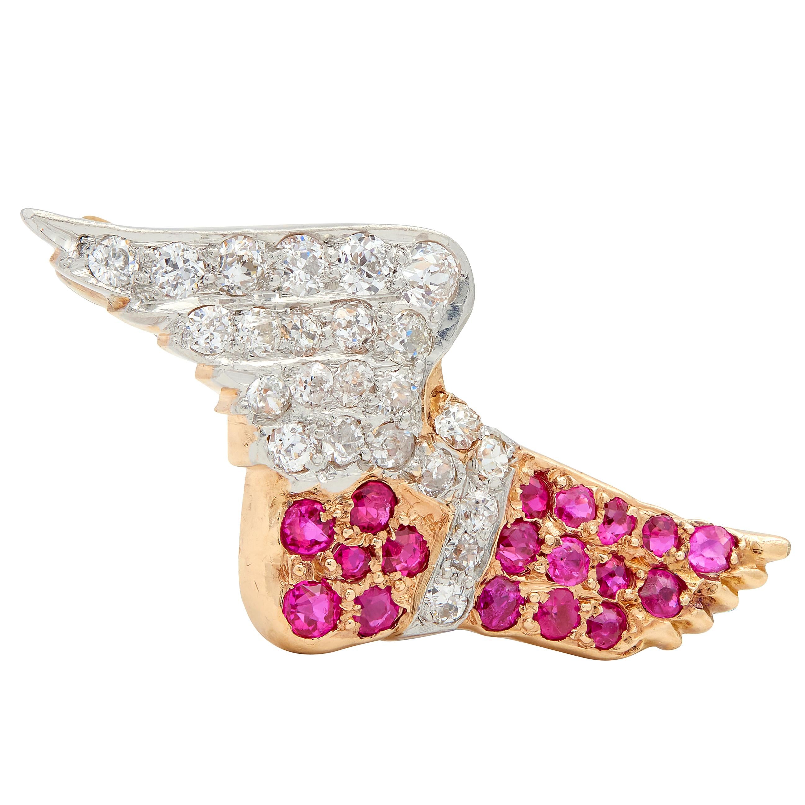 Edwardian Ruby Diamond 14 Karat Gold Platinum Antique Winged Hermes Foot Brooch