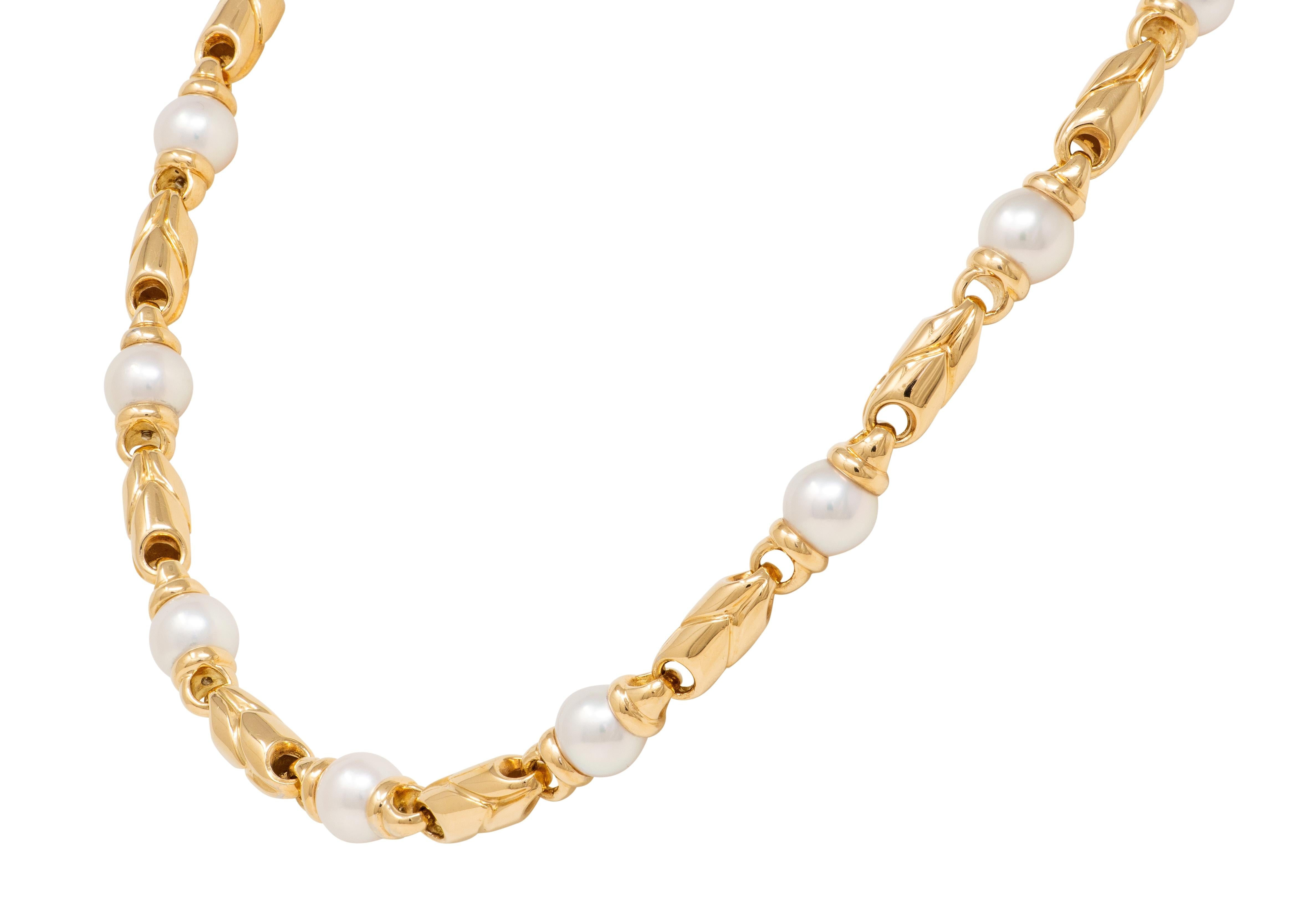 Bulgari 1980's Pearl 18 Karat Yellow Gold Vintage Passo Doppio Station Necklace