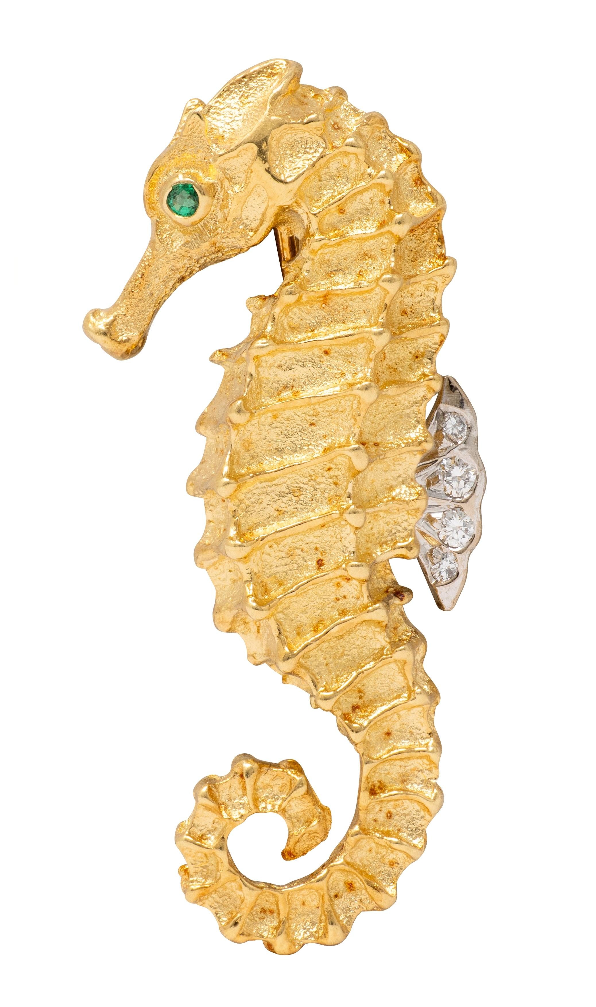 Tiffany & Co. 1996 Emerald Diamond 18K Two-Tone Gold Vintage Seahorse Brooch