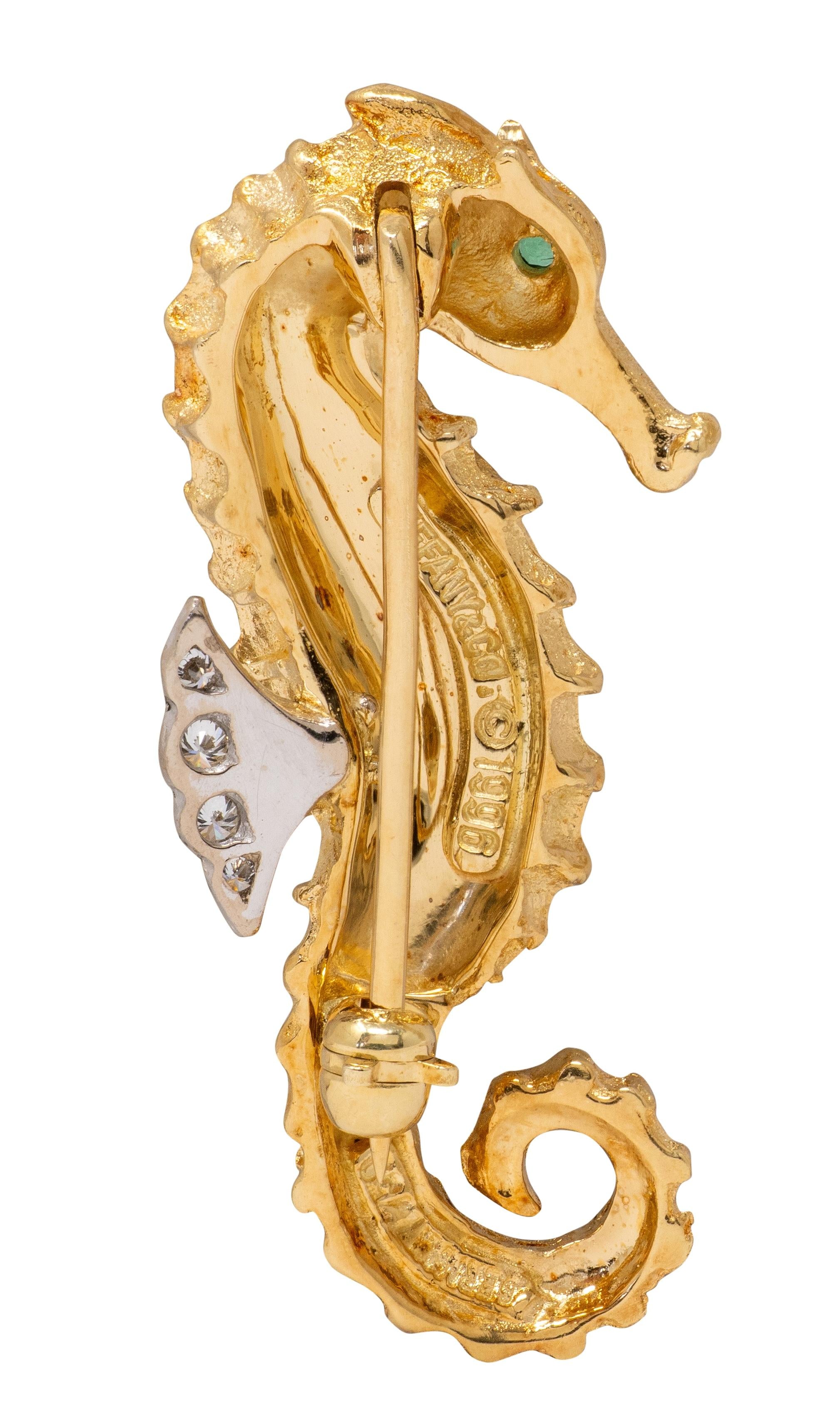 Tiffany & Co. 1996 Emerald Diamond 18K Two-Tone Gold Vintage Seahorse Brooch