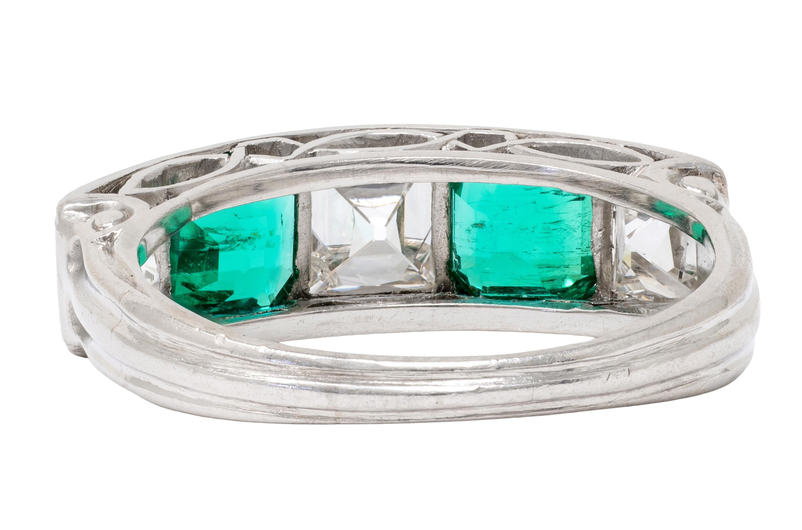 Tiffany & Co. Art Deco French Cut Diamond Emerald Platinum Vintage Band Ring