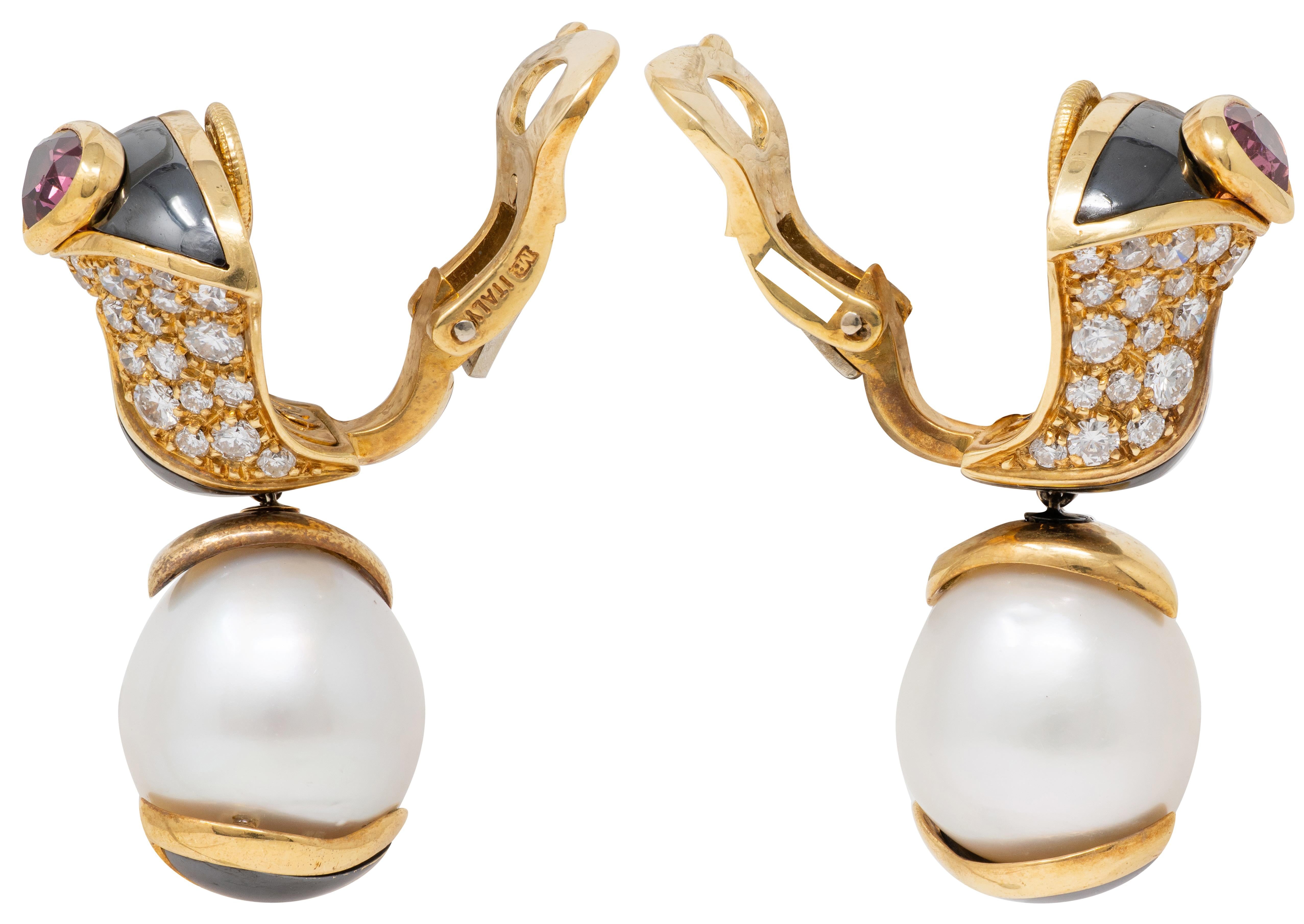 Marina B. 1986 Pearl Tourmaline Hematite 18K Gold Vintage Drop Ear-Clip Earrings