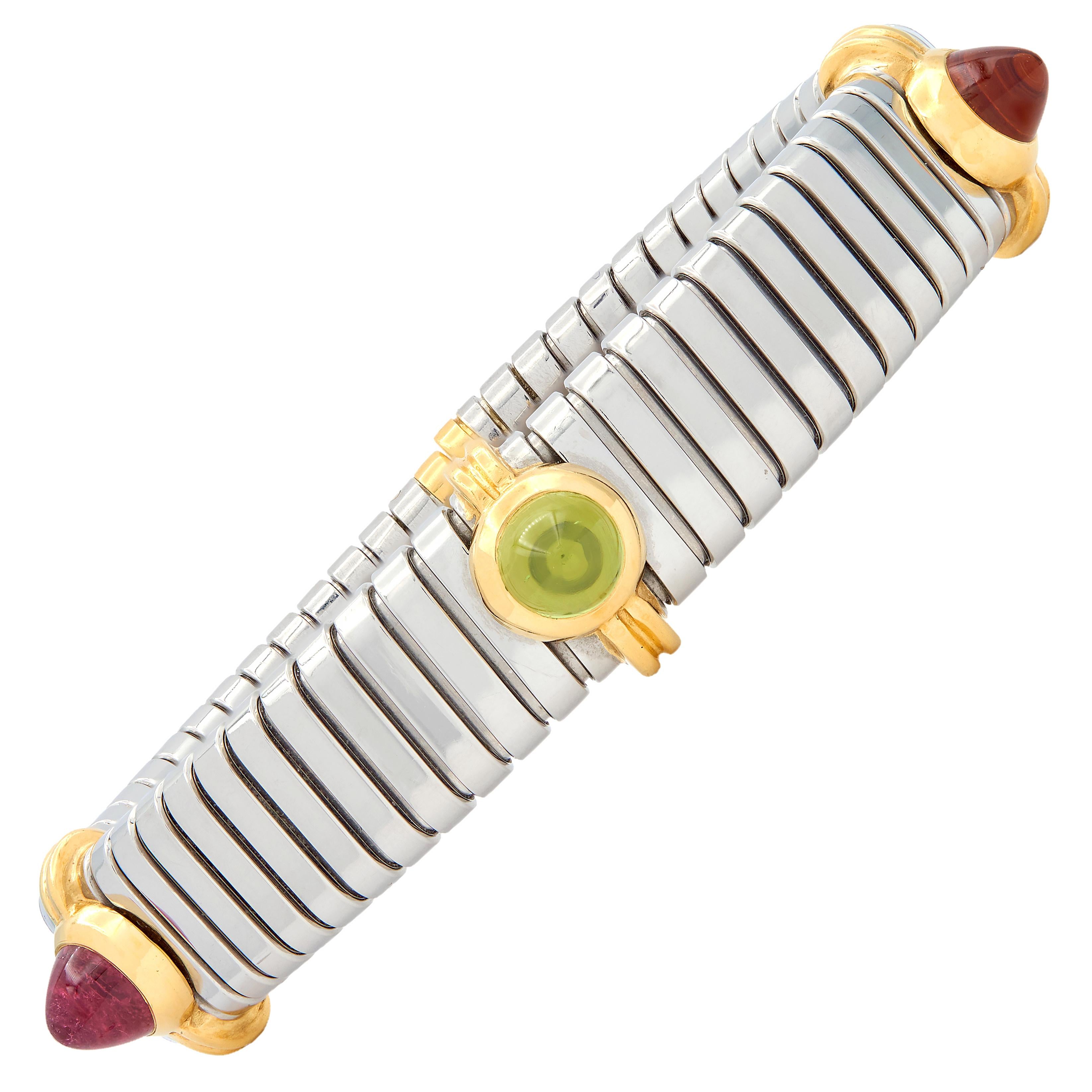 Bulgari 1980's Multi-Gem 18K Yellow Gold Steel Vintage Tubogas Cuff Bracelet