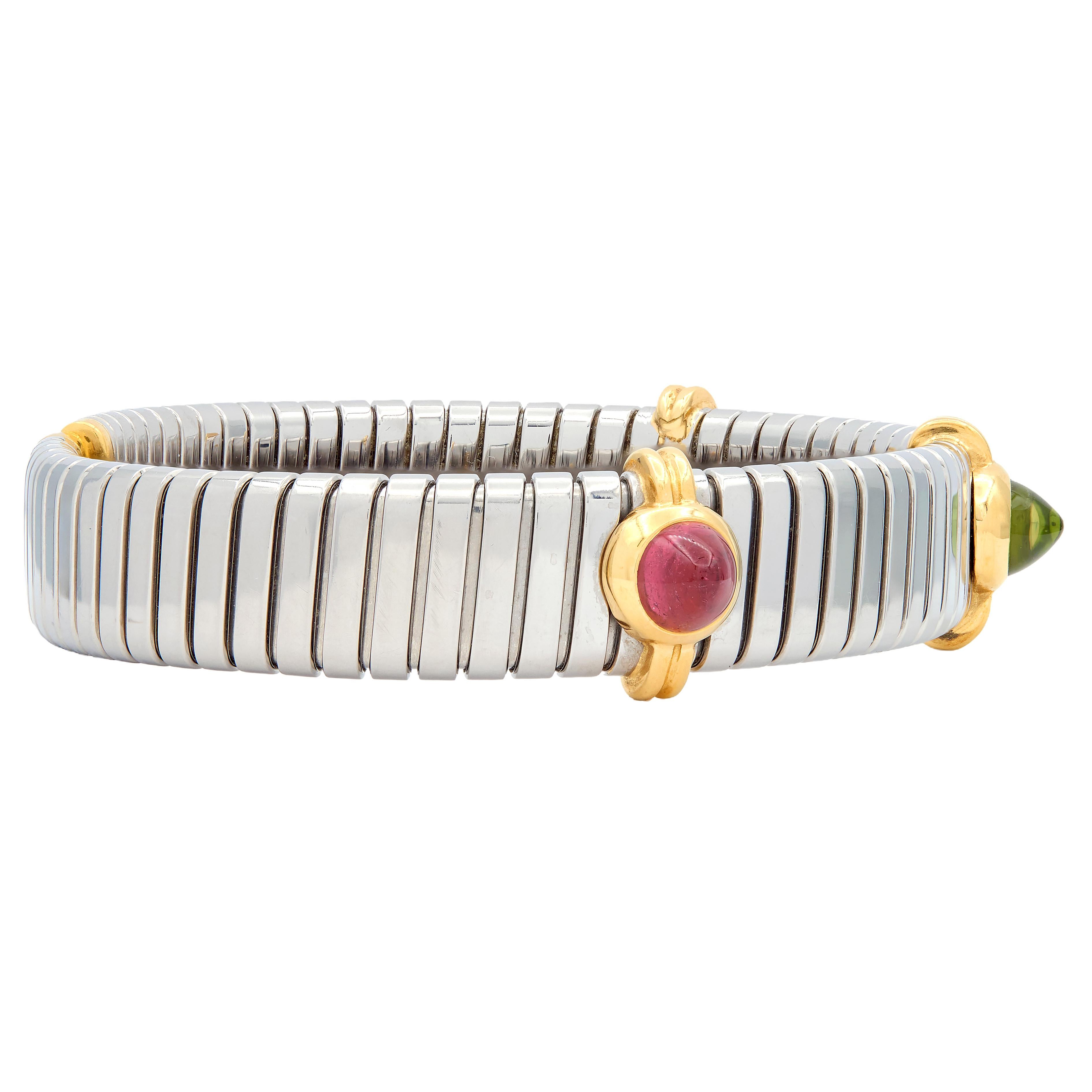 Bulgari 1980's Multi-Gem 18K Yellow Gold Steel Vintage Tubogas Cuff Bracelet
