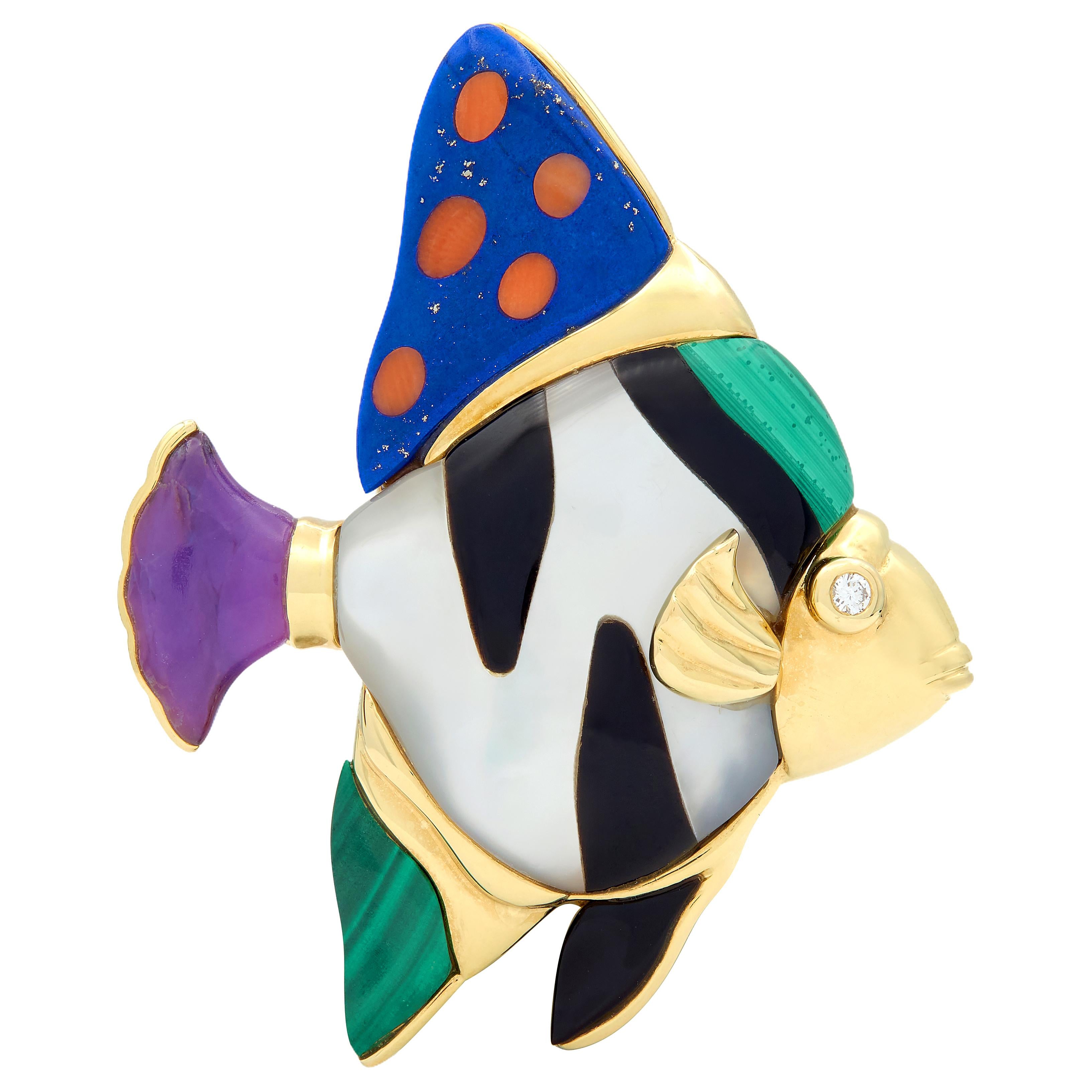Asch Grossbardt 1980's Diamond Multi-Gem 18K Gold Vintage Fish Pendant Brooch