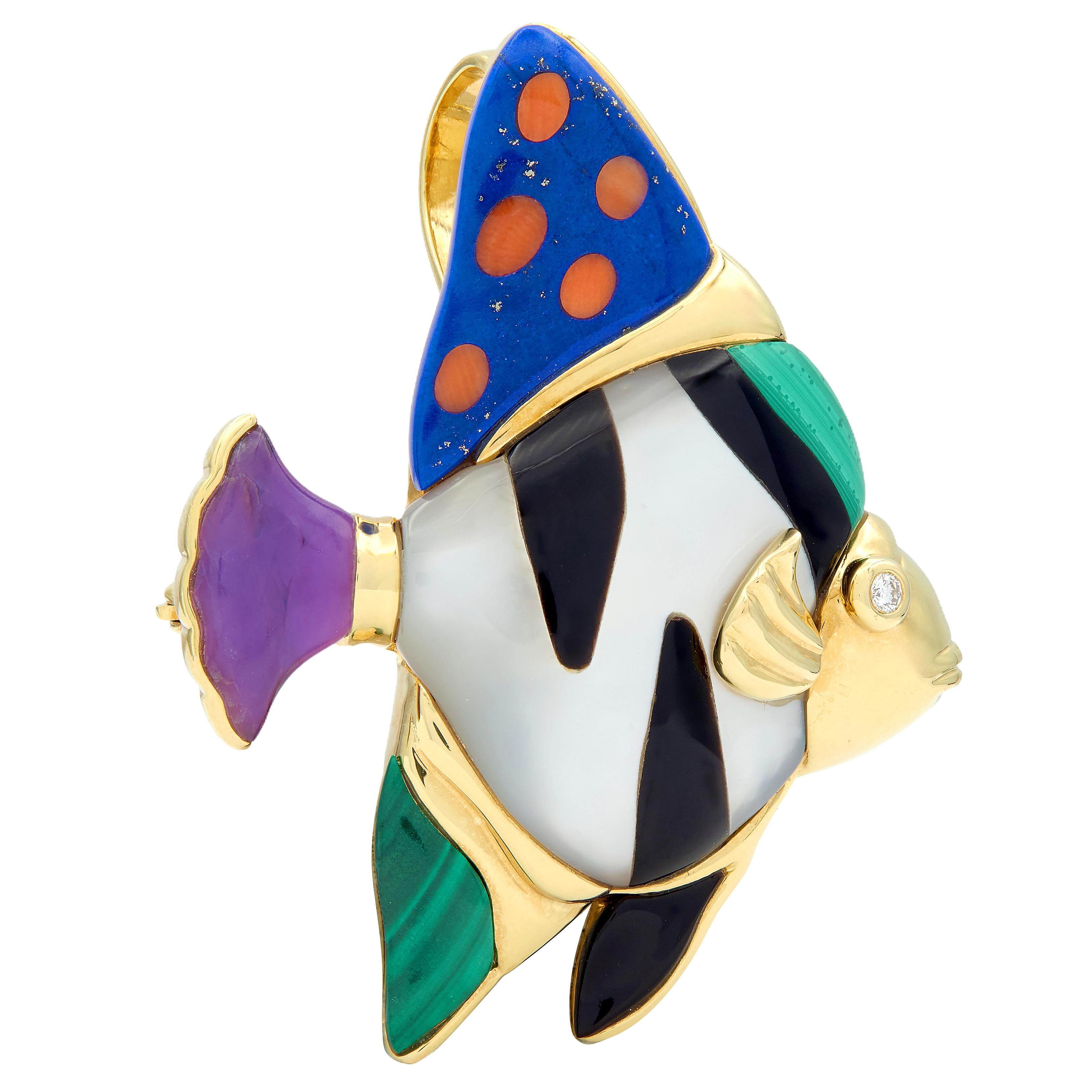 Asch Grossbardt 1980's Diamond Multi-Gem 18K Gold Vintage Fish Pendant Brooch