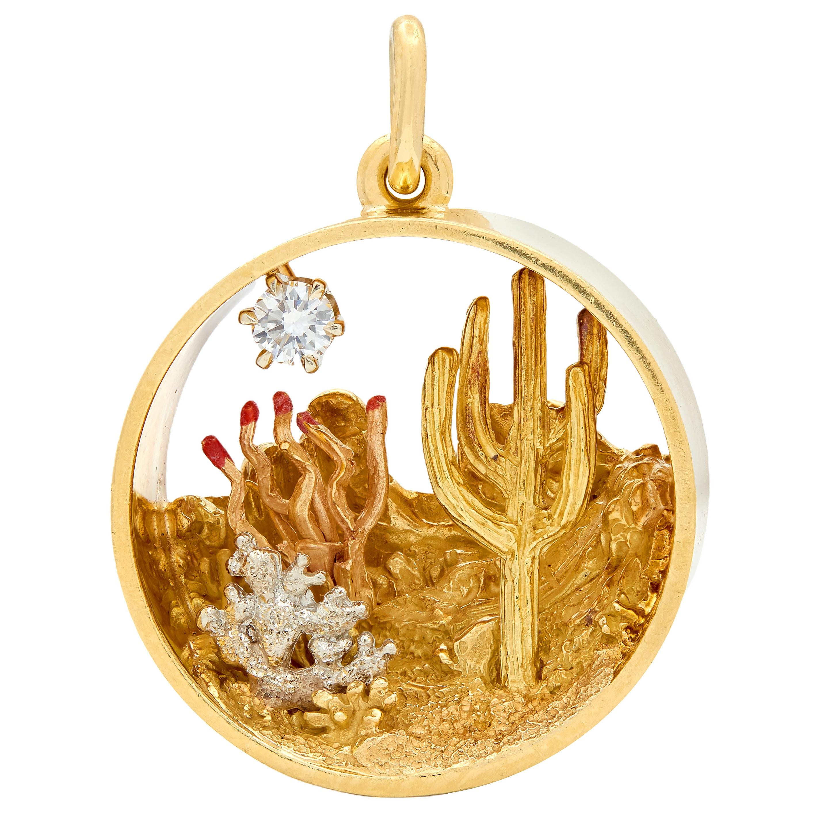 Bryson 1989 Diamond 18K Tri-Colored Gold Vintage Desert Cactus Pendant Charm