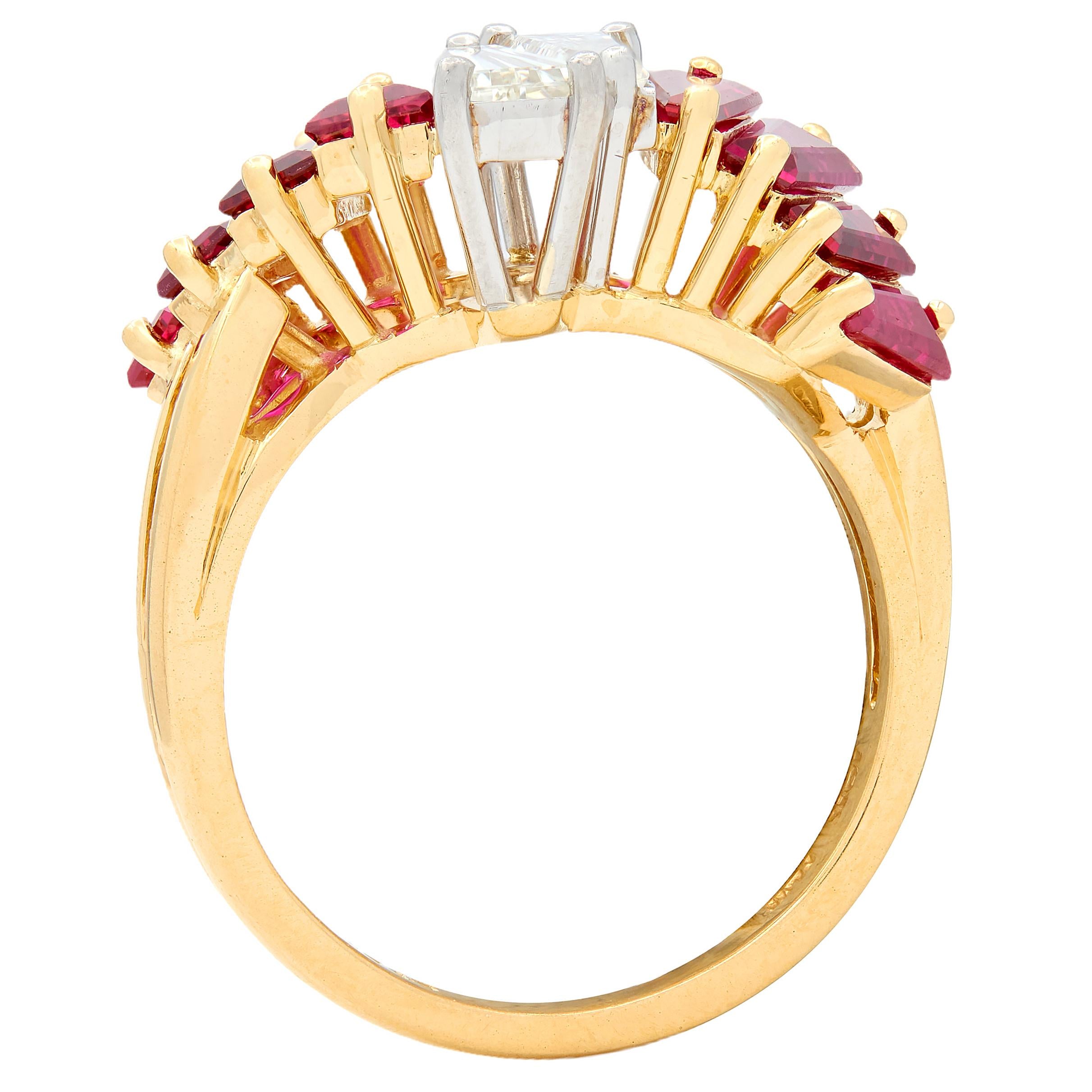 Oscar Heyman 1980's Diamond Ruby 18K Yellow Gold Platinum Vintage Bypass Ring