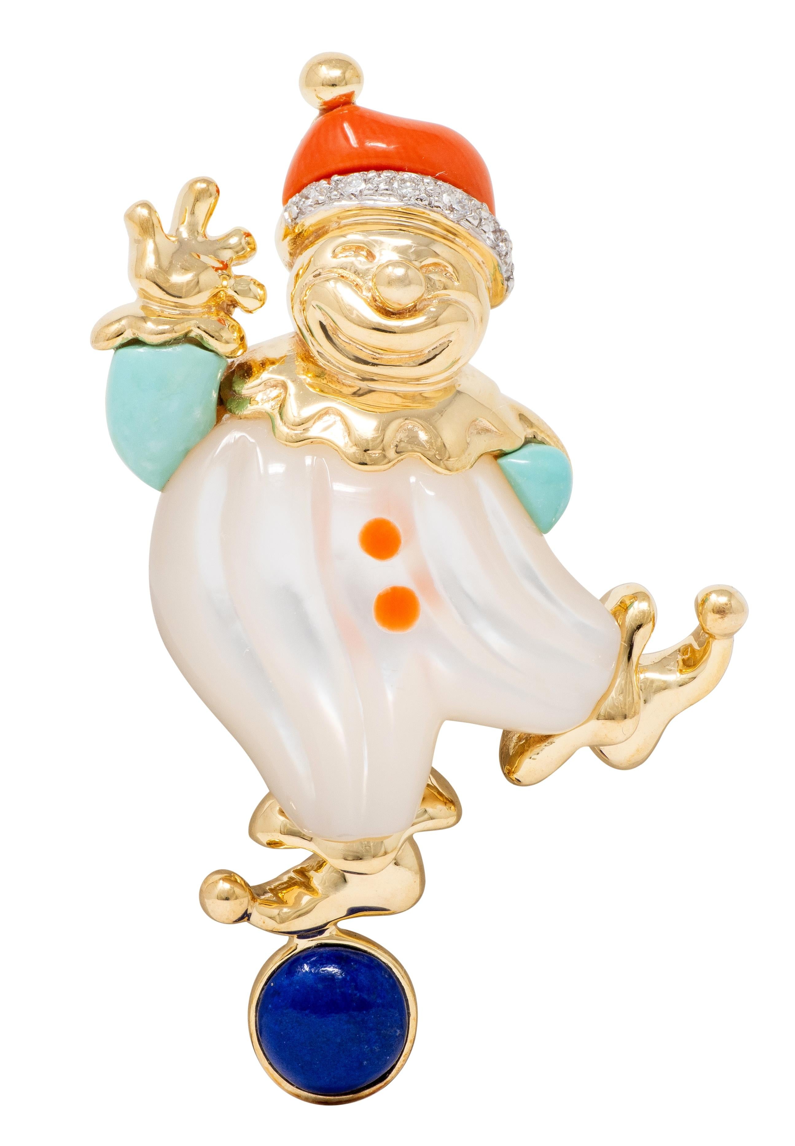 Asch Grossbardt 1980's Multi-Gem Diamond 14K Gold Vintage Inlay Clown Brooch