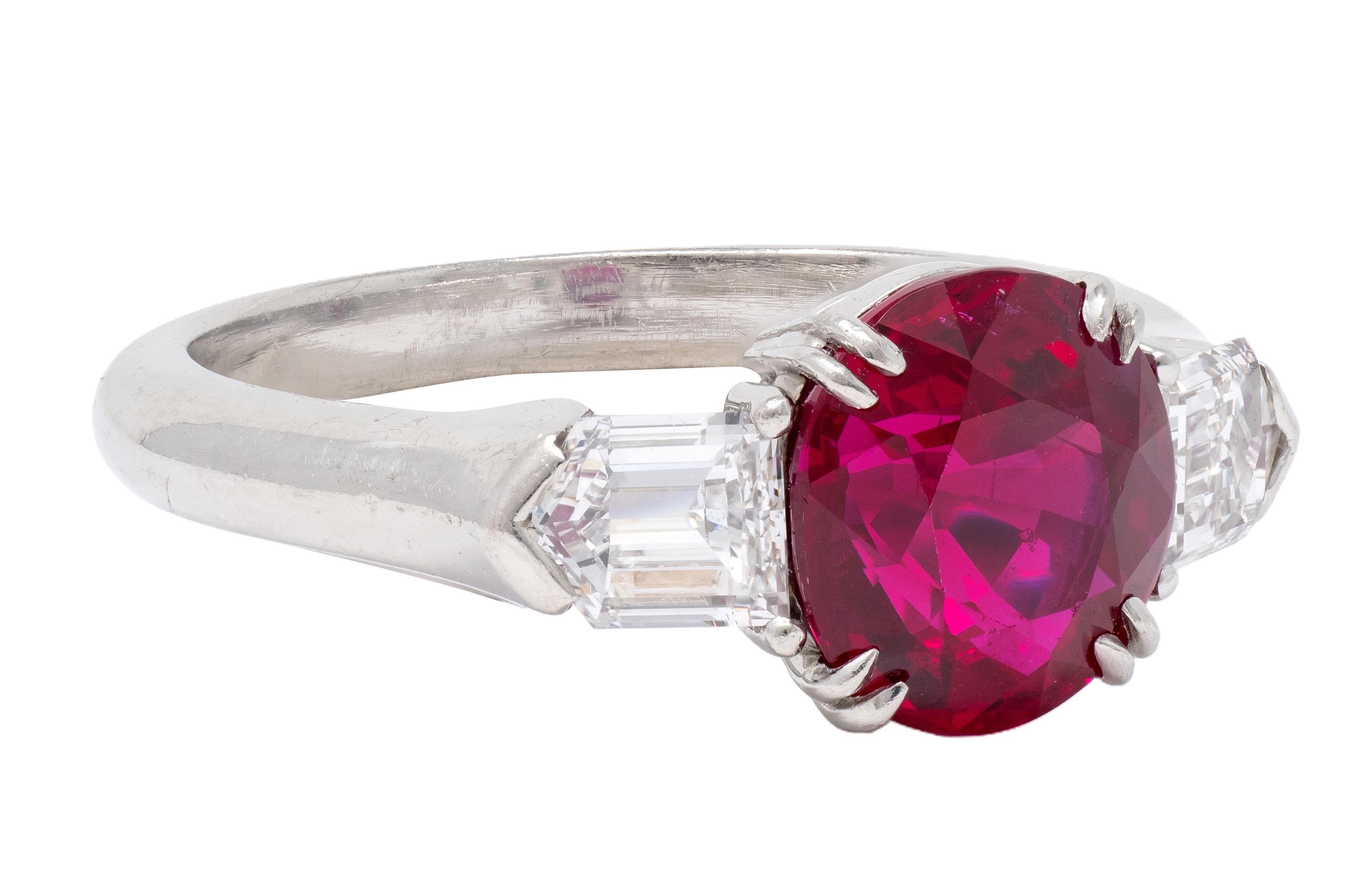 Mid-Century 3.10 CTW Burma Ruby Diamond Platinum Vintage Three Stone Ring AGL