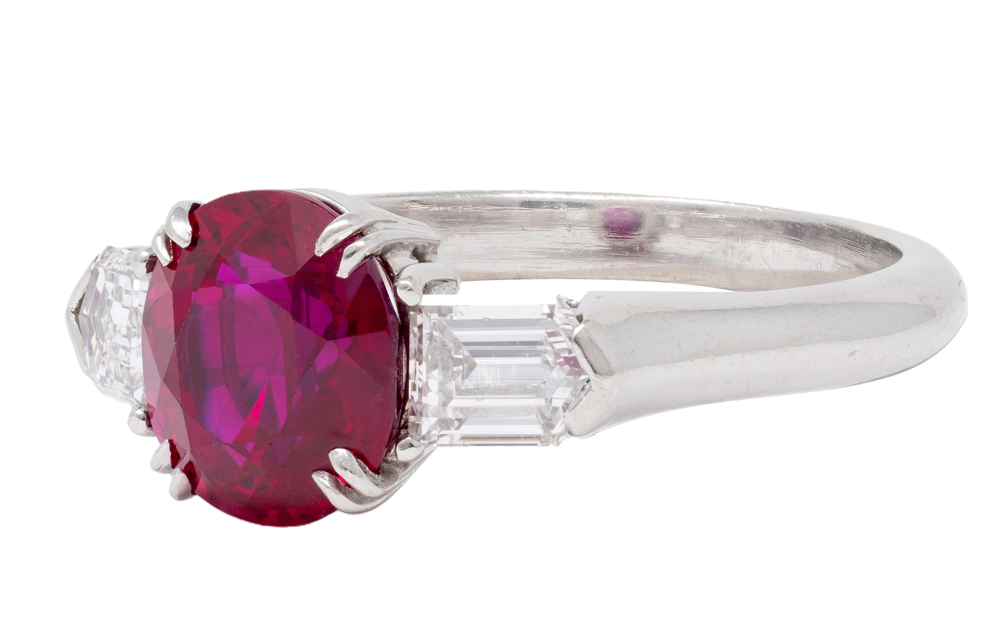 Mid-Century 3.10 CTW Burma Ruby Diamond Platinum Vintage Three Stone Ring AGL