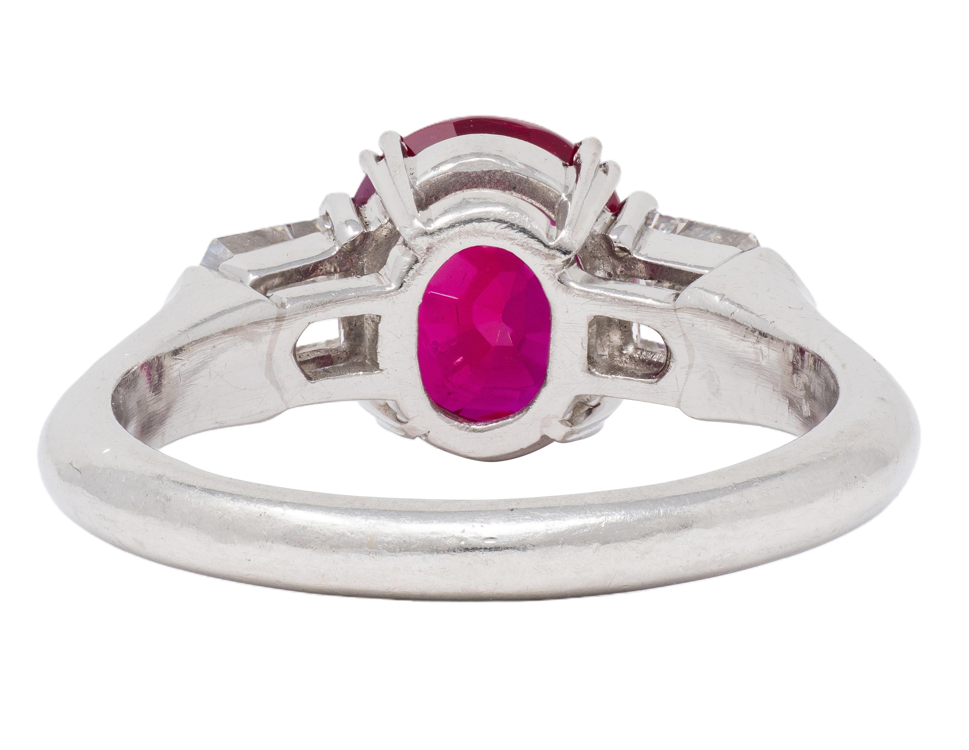 Mid-Century 3.10 CTW Burma Ruby Diamond Platinum Vintage Three Stone Ring AGL