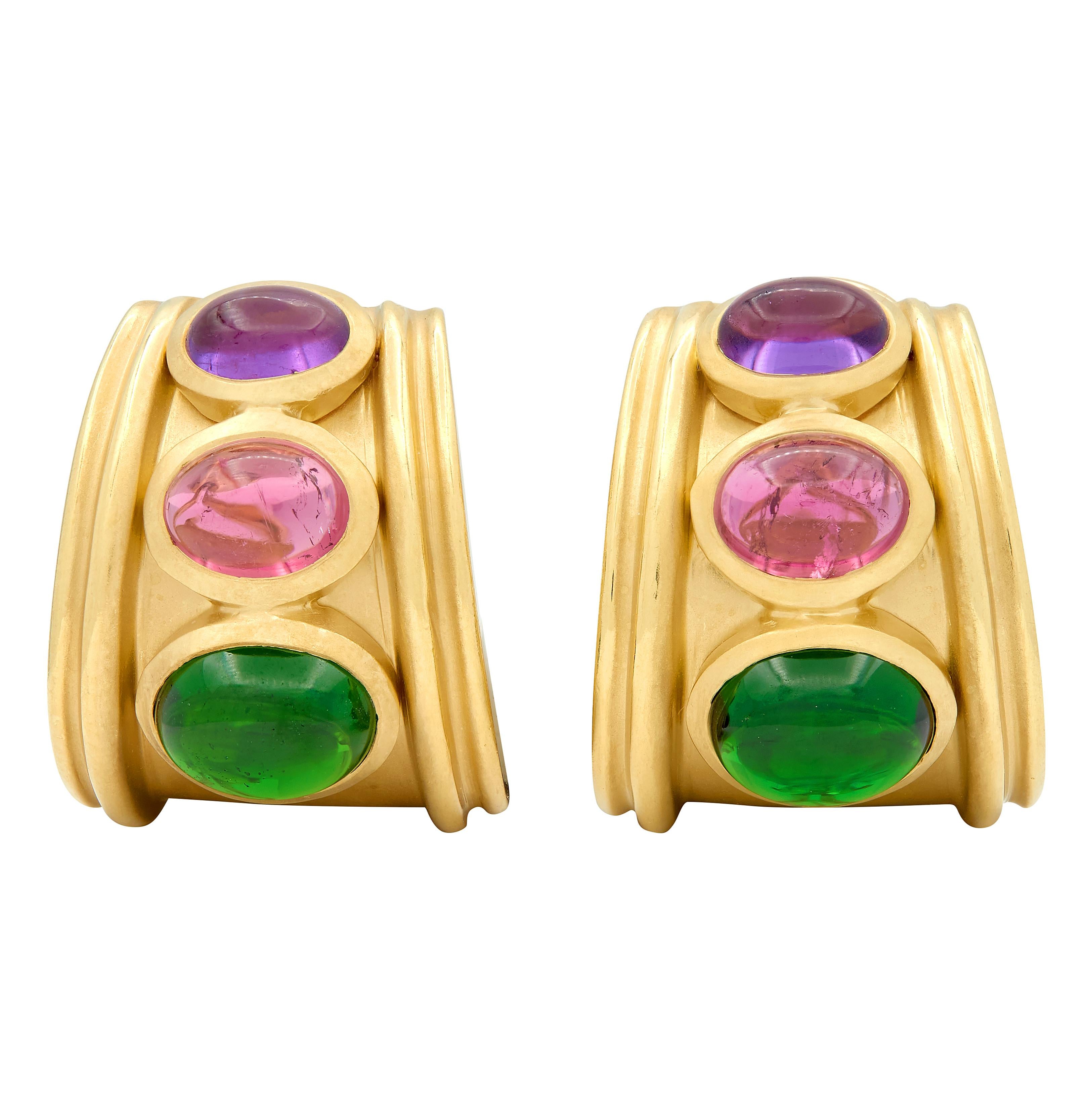 Seidengang 1980's Multi-Gem 18K Gold Vintage Multi-Gem J-Hoop Earrings