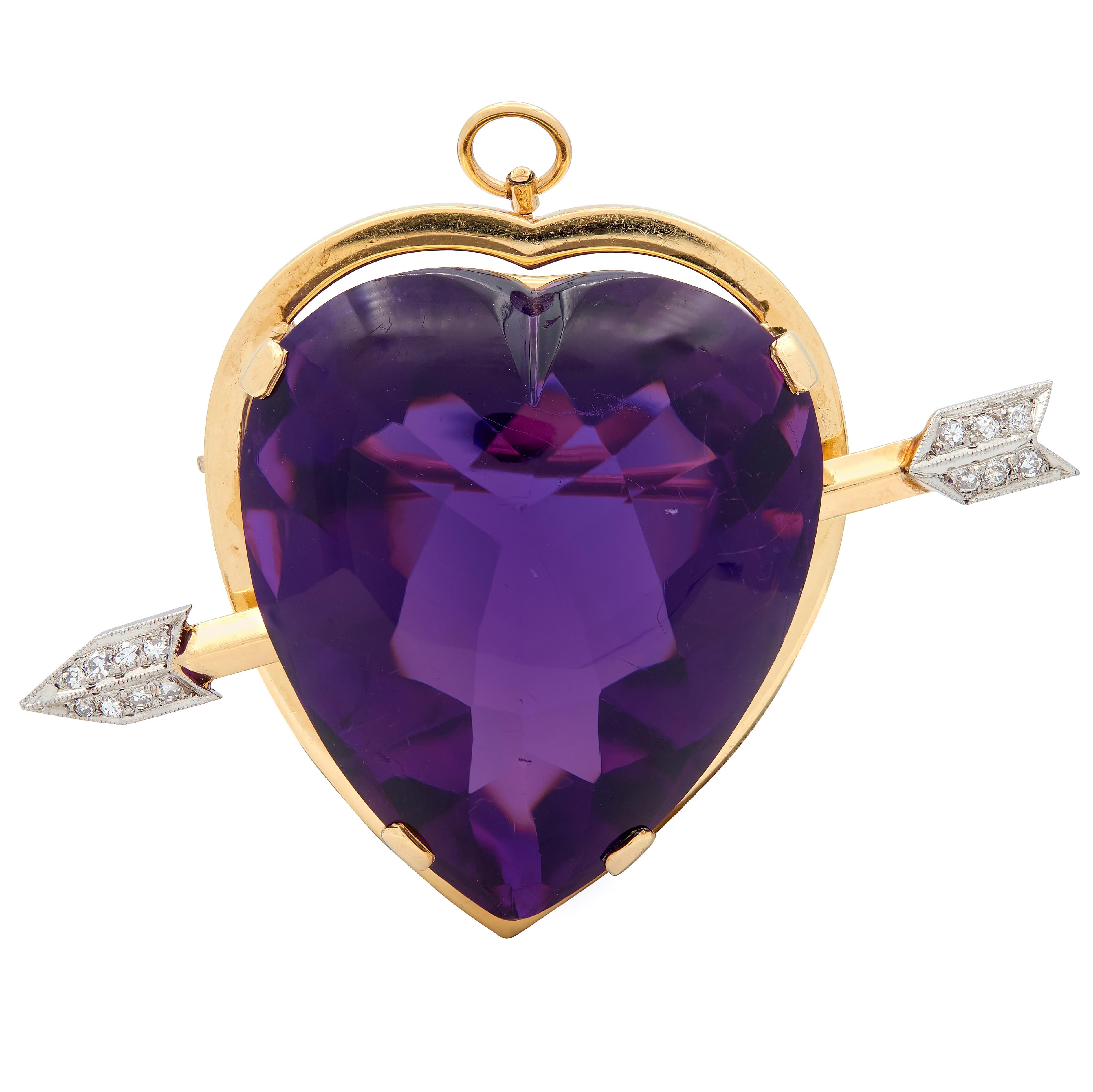 Victorian Amethyst Diamond 14 Karat Gold Antique Arrow & Heart Pendant Brooch