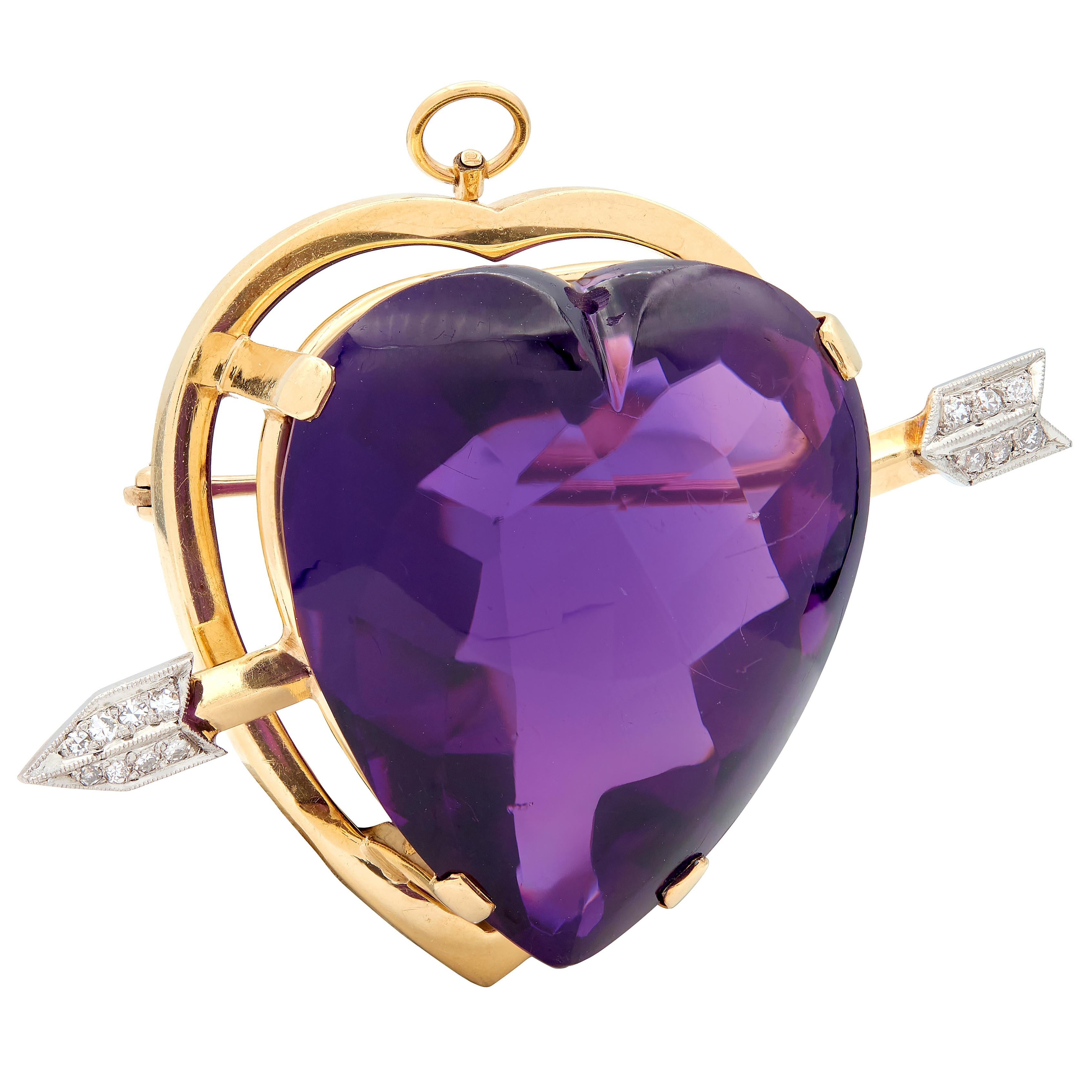 Victorian Amethyst Diamond 14 Karat Gold Antique Arrow & Heart Pendant Brooch