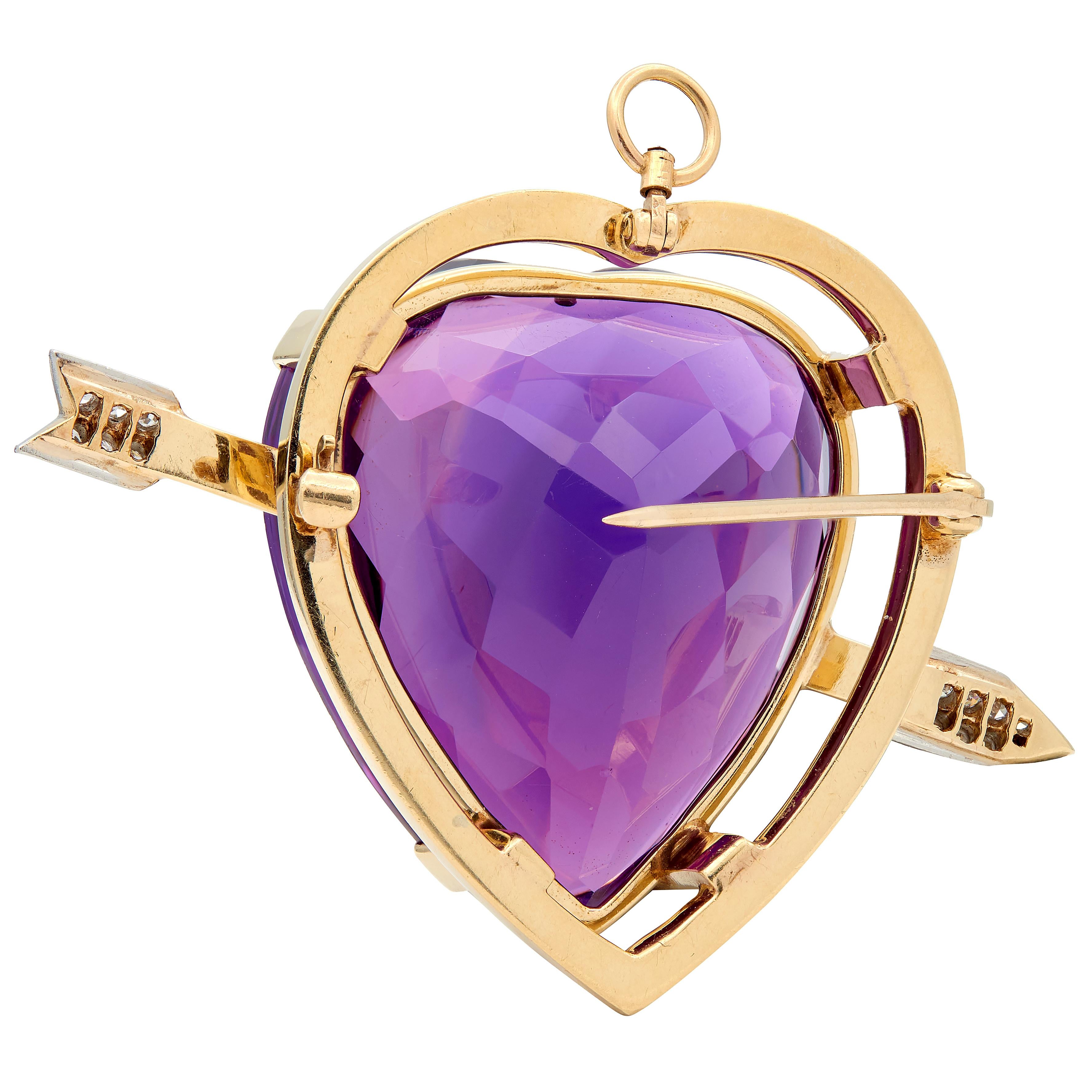 Victorian Amethyst Diamond 14 Karat Gold Antique Arrow & Heart Pendant Brooch
