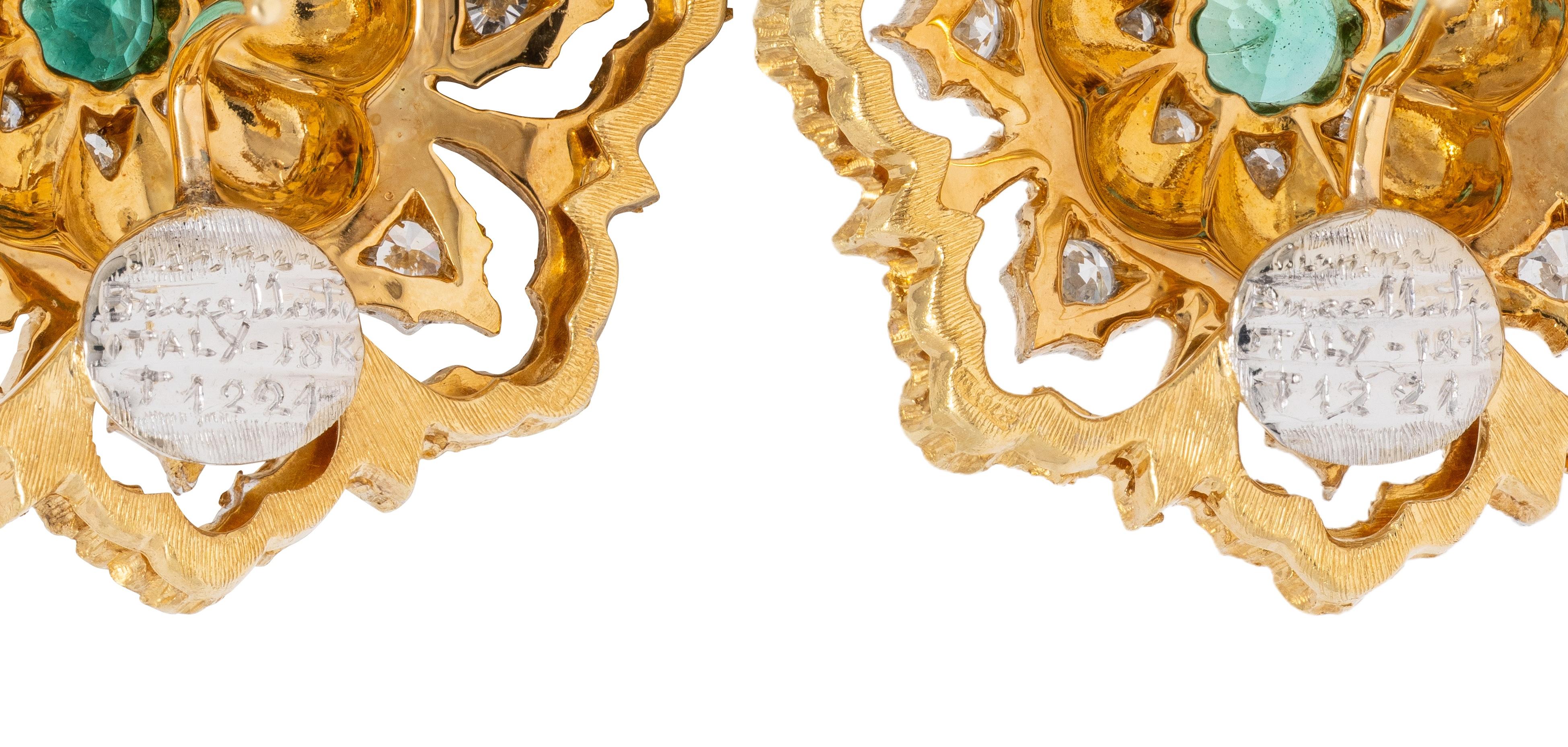 Buccellati 1960's Emerald Diamond 18 Karat Two-Tone Gold Vintage Floral Earrings